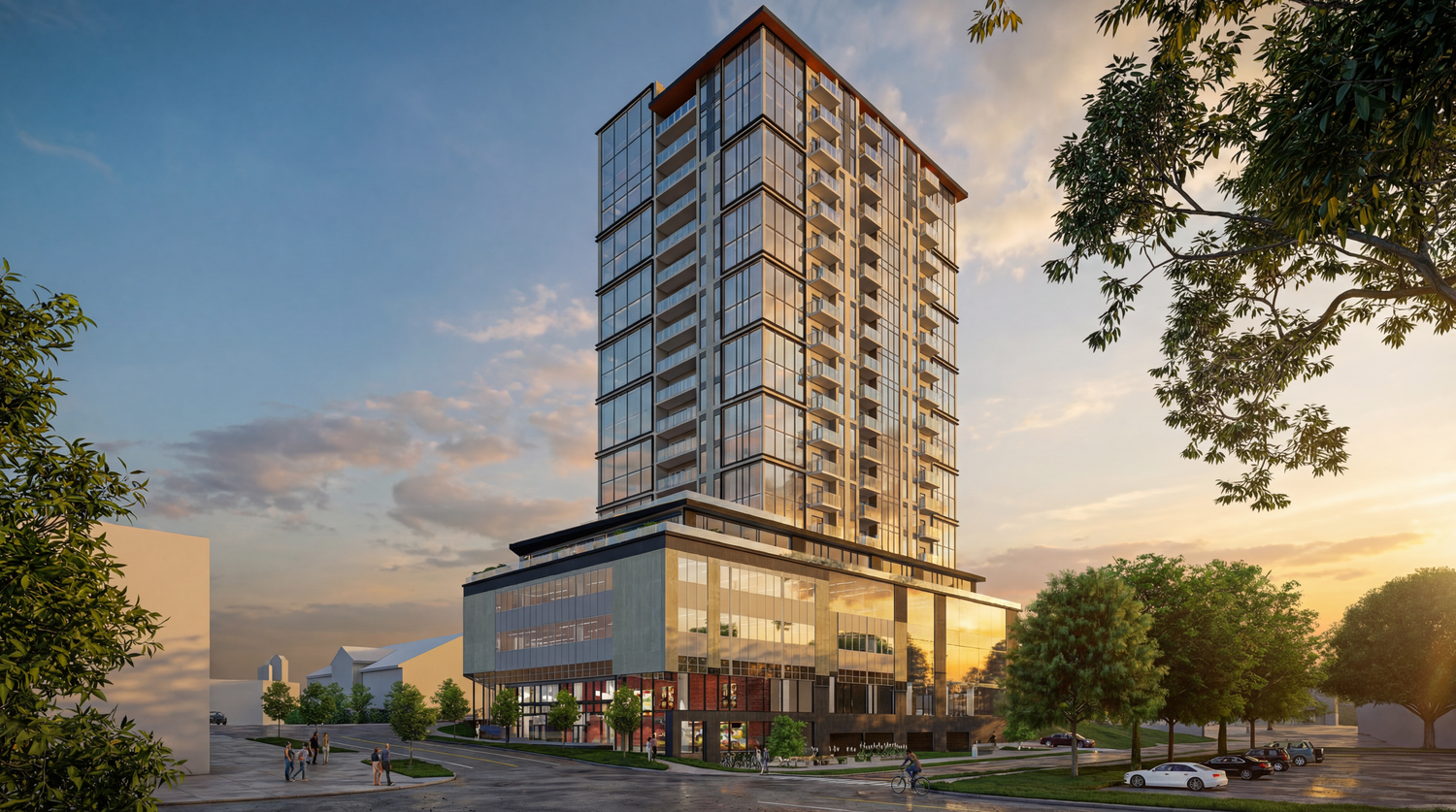 Modern luxury apartment building complex with glass facades shown at different angles during sunset.