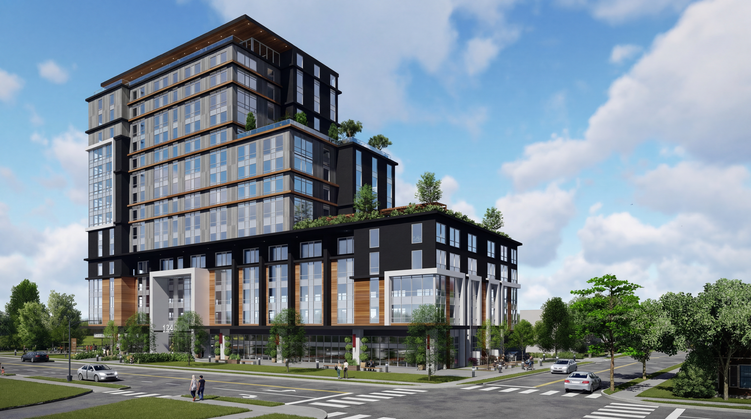 Panoramic view of a contemporary office building complex with glass facades and landscaped surroundings.