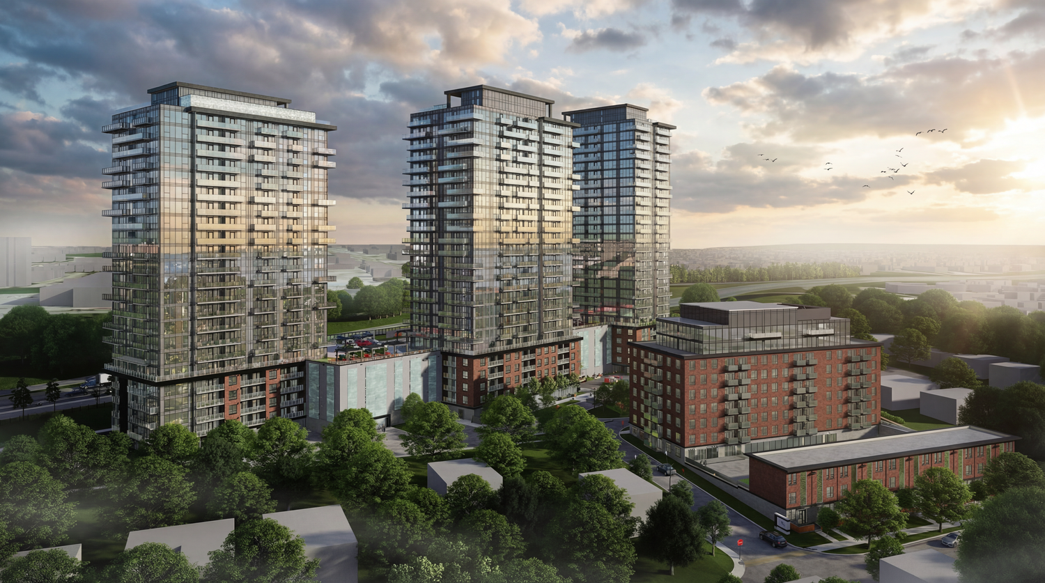Panoramic aerial view of modern residential high-rise buildings against a dramatic sunset sky with clouds.