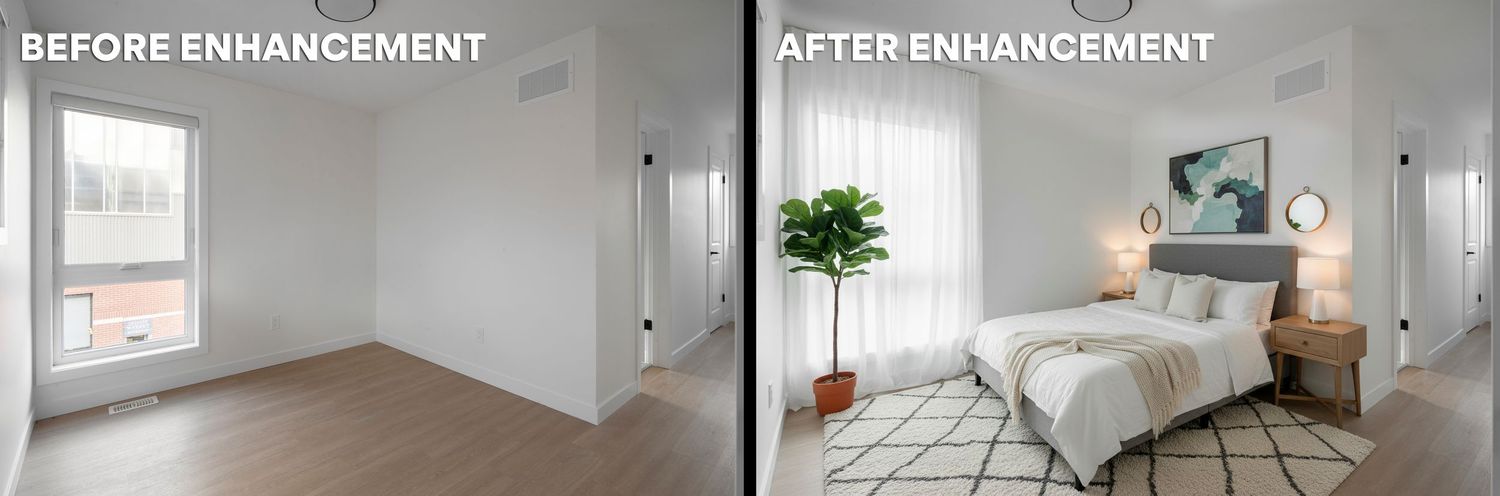 Before and after bedroom makeover showing empty gray room transformed into stylish space with decor and bedding.