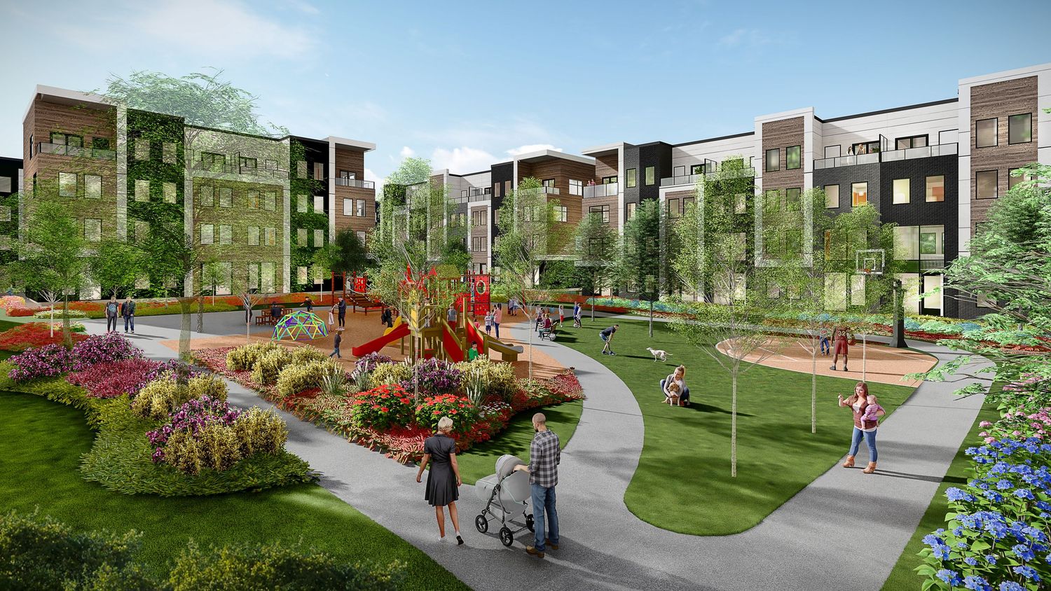Architectural rendering shows a modern apartment complex with landscaped grounds, walking paths and outdoor amenities.