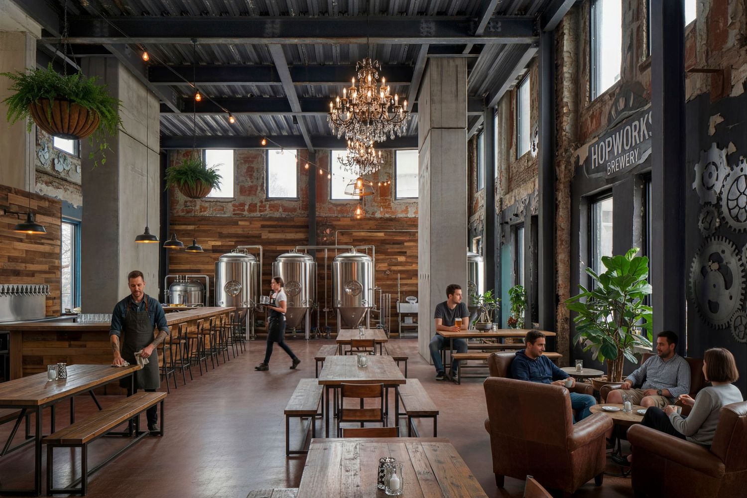 Panoramic view of a modern industrial-style restaurant interior with exposed brick walls, chandeliers and natural lighting.