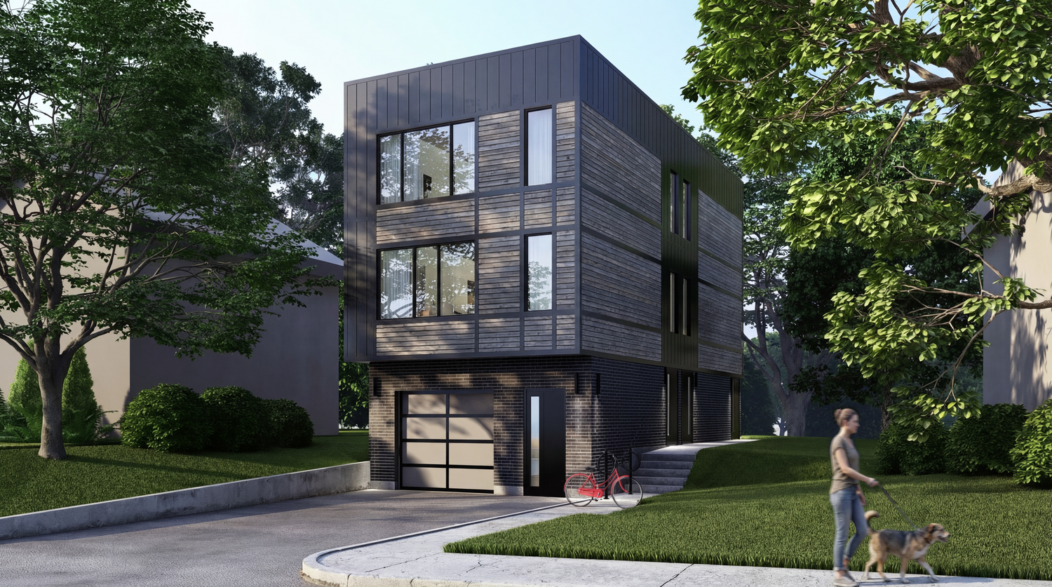 Modern dark-colored residential buildings with geometric designs set against lush green landscaping.