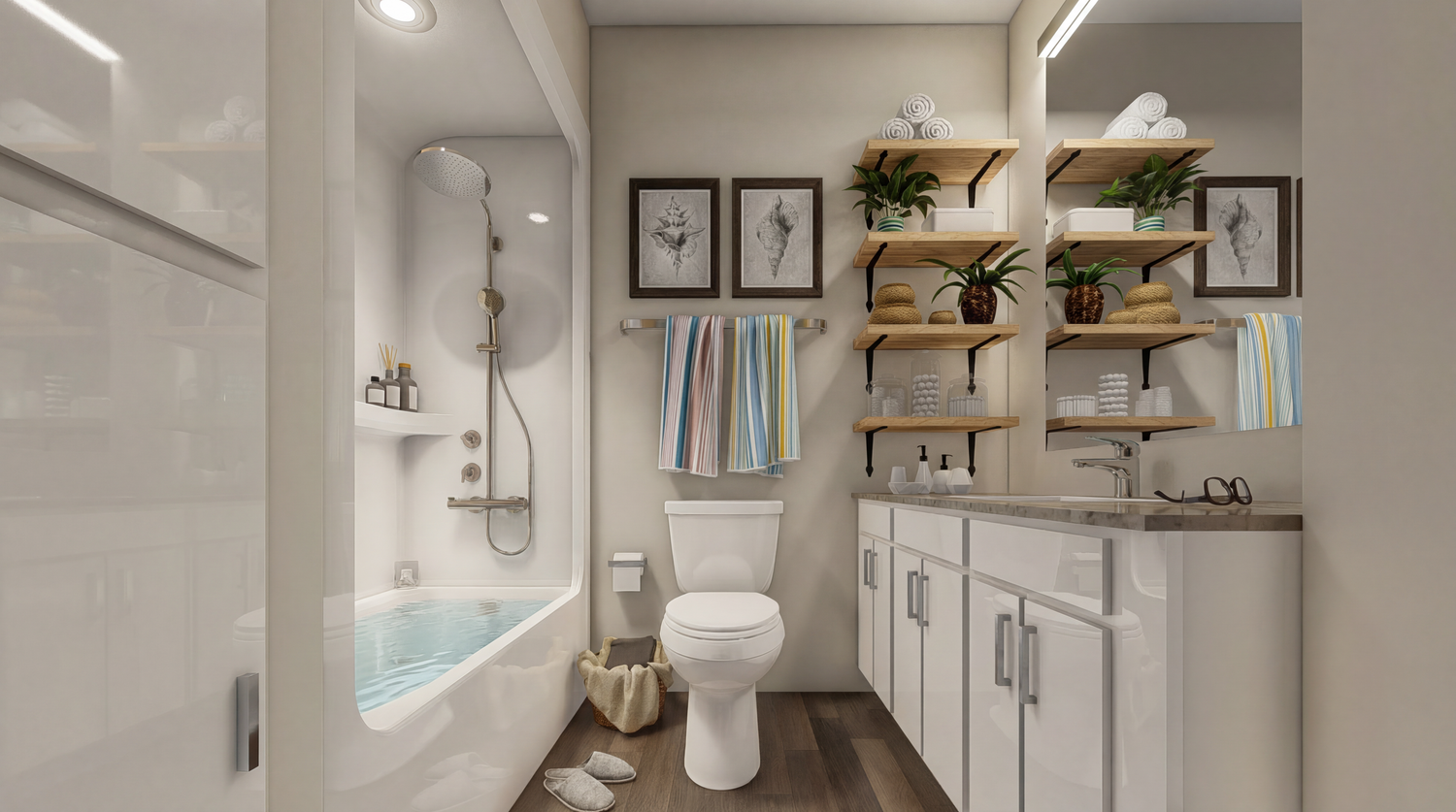 Modern bathroom interior featuring white tiles, floating vanity, and sleek fixtures in a minimalist design.
