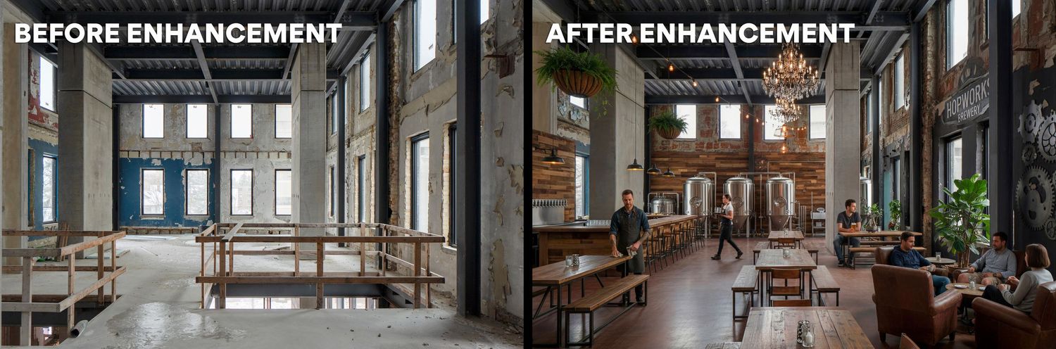 Before and after comparison showing interior renovation of a historic building with exposed brick walls.