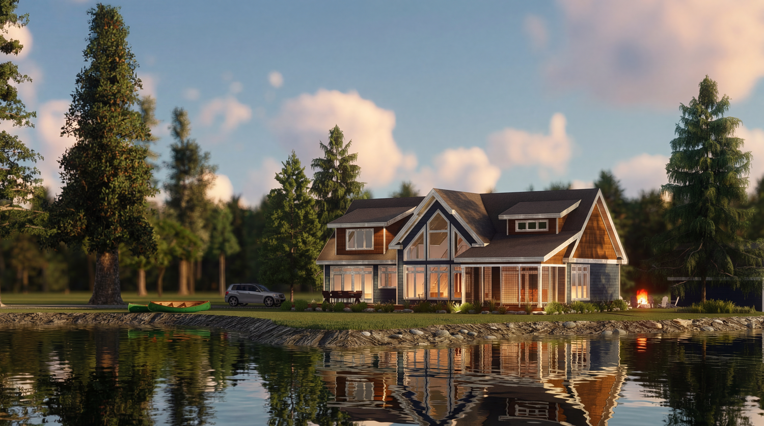 Row of luxury waterfront homes with wooden docks on a tranquil lake during sunset.