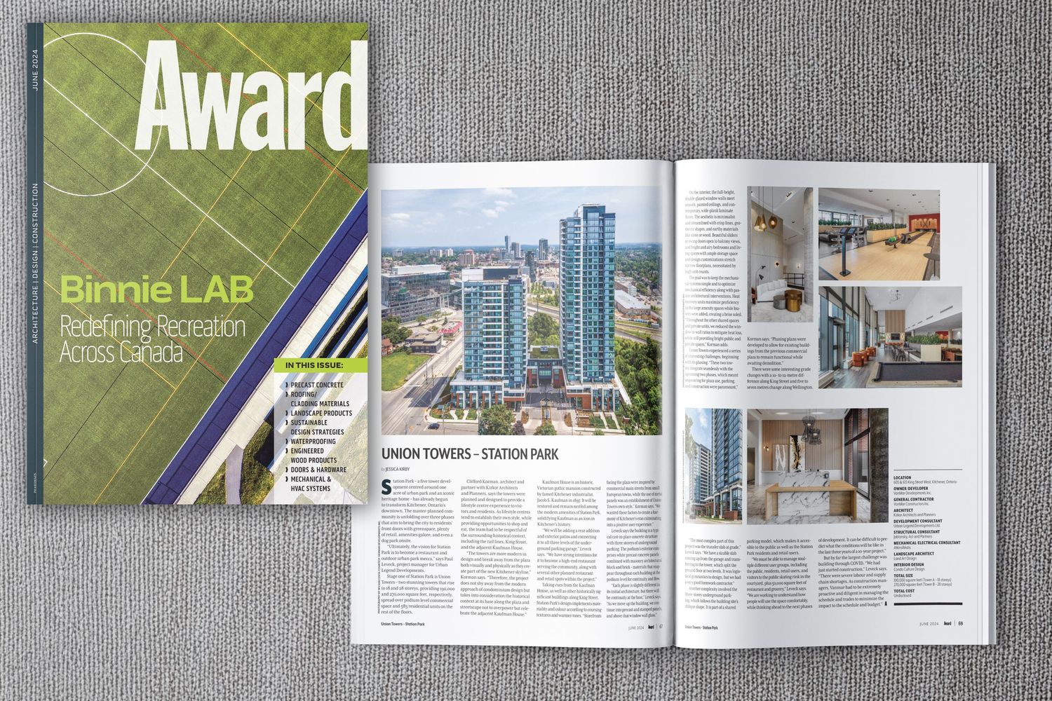 Magazine layout showing architectural design spreads with building photos and text layouts on gray background.