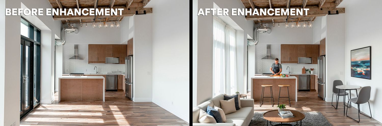 Before and after renovation photos showing modern interior transformations of a residential space with white walls and wood floors.