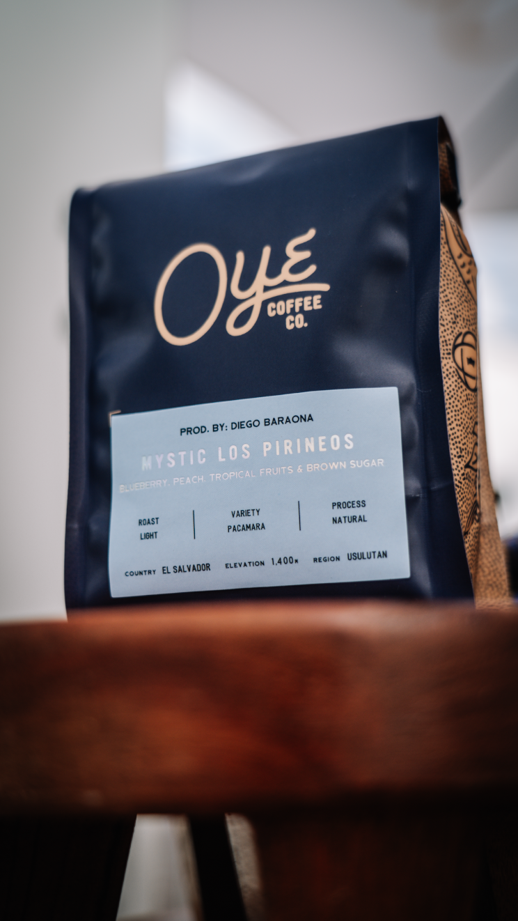 Close-up of Oye Coffee Co packaging showing Mystic Los Pirineus blend details.