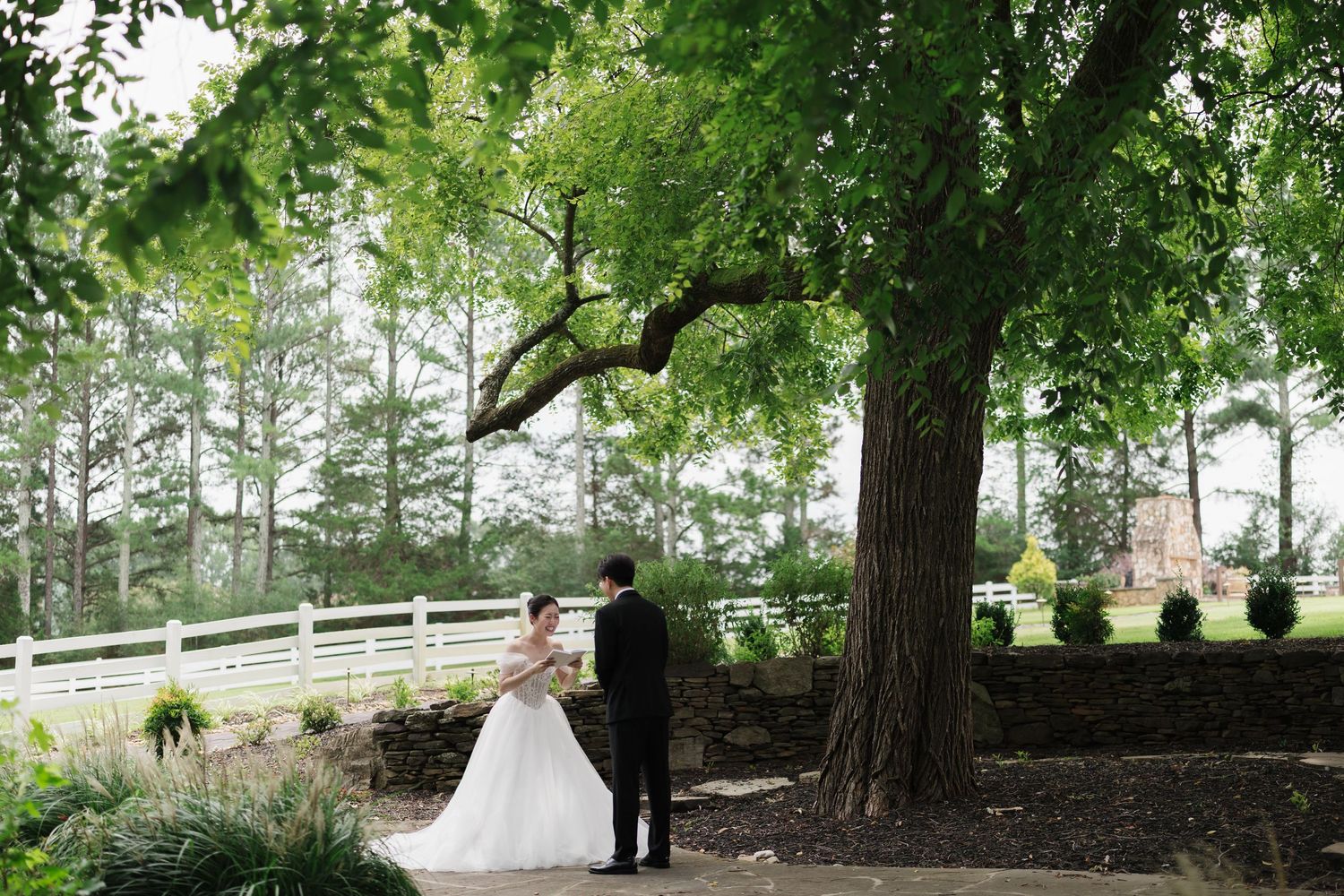 Bride and groom share a romantic moment under a large tree at an elegant outdoor wedding venue.