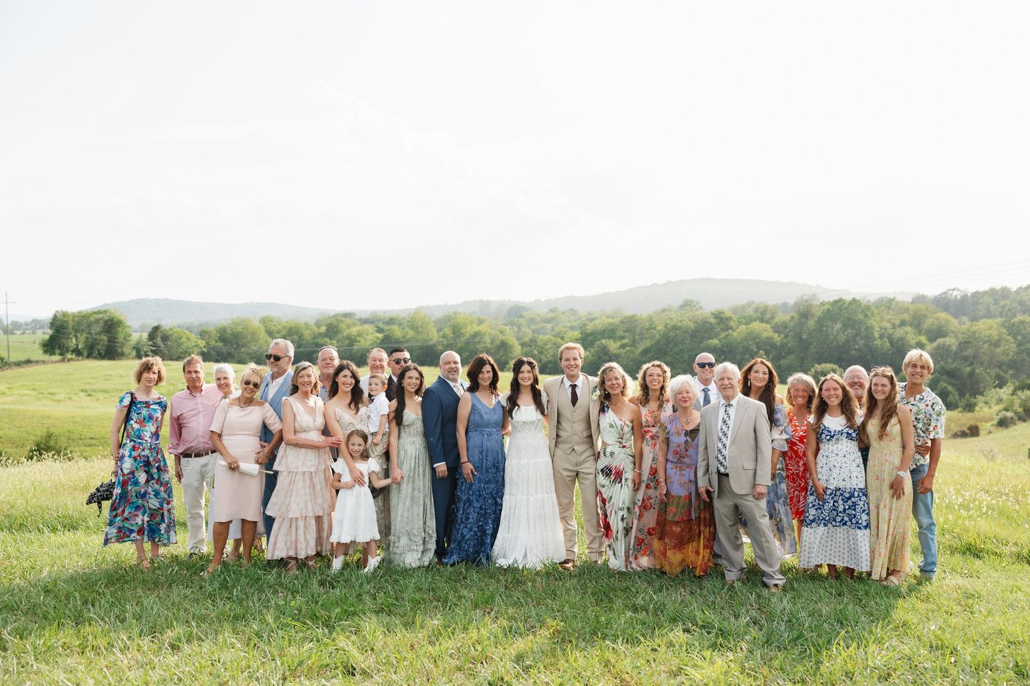 Large wedding party group photo on a green meadow with rolling hills and clear sky in the background.