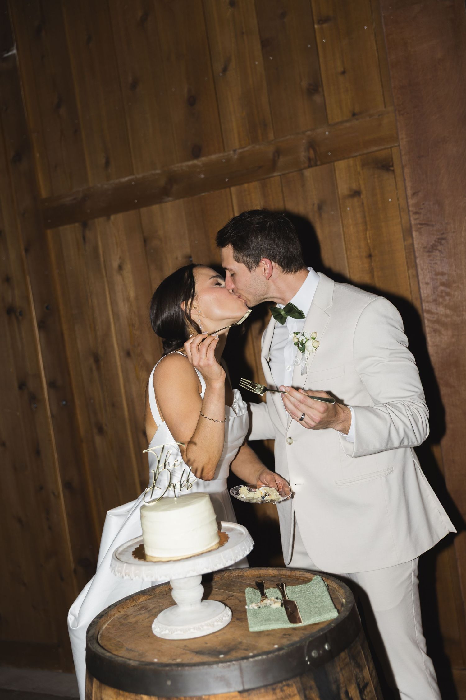 Bride and groom kissing above their wedding cake