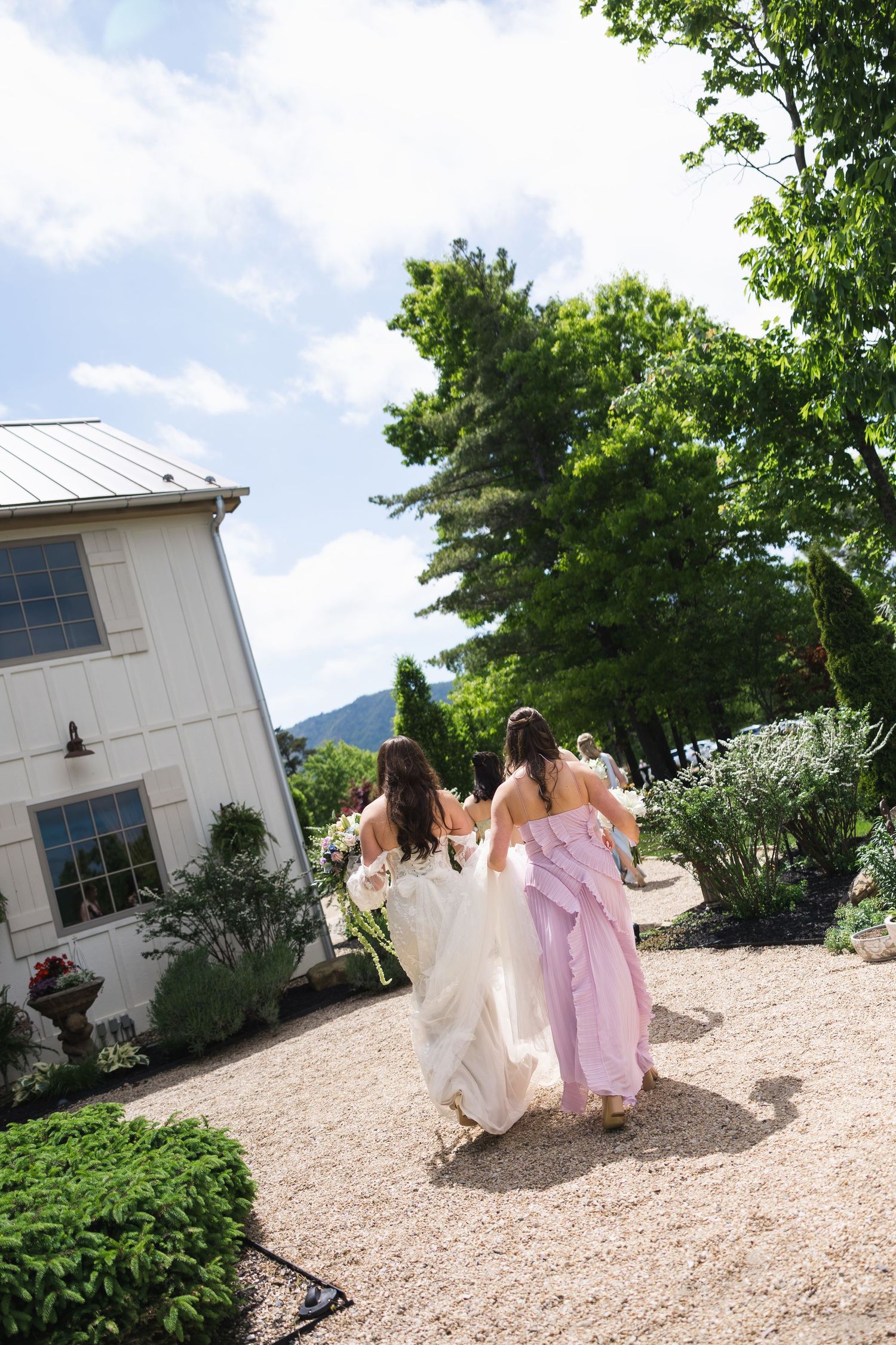 Bride and bridesmaids in white and lavender gowns walking along a gravel path toward a white barn venue.