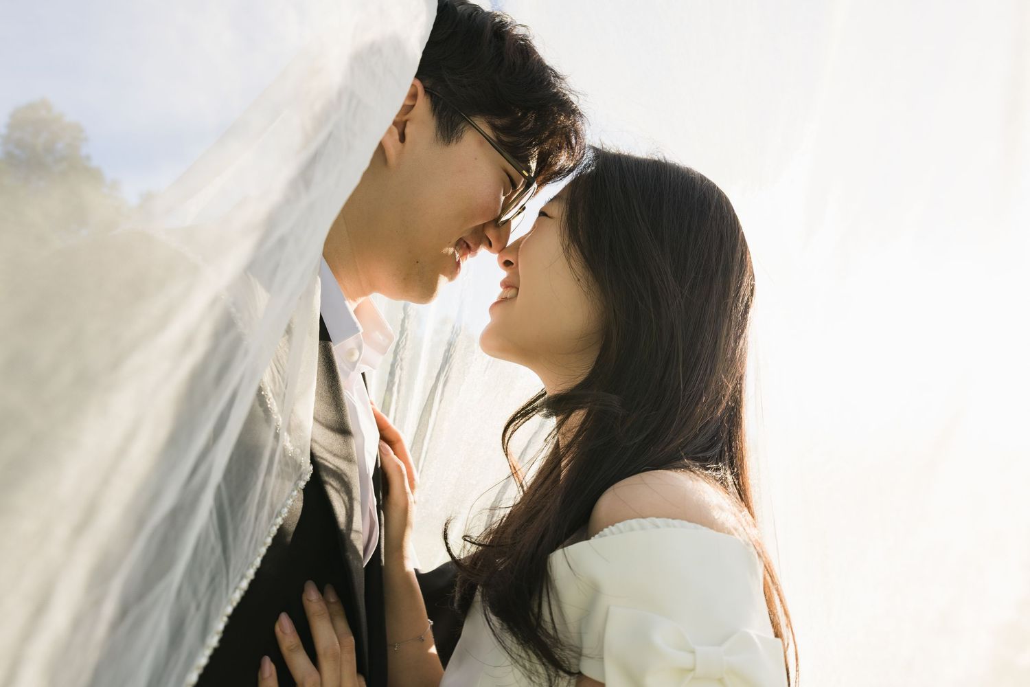 Couple sharing a tender kiss under flowing white wedding veil in sunlight.