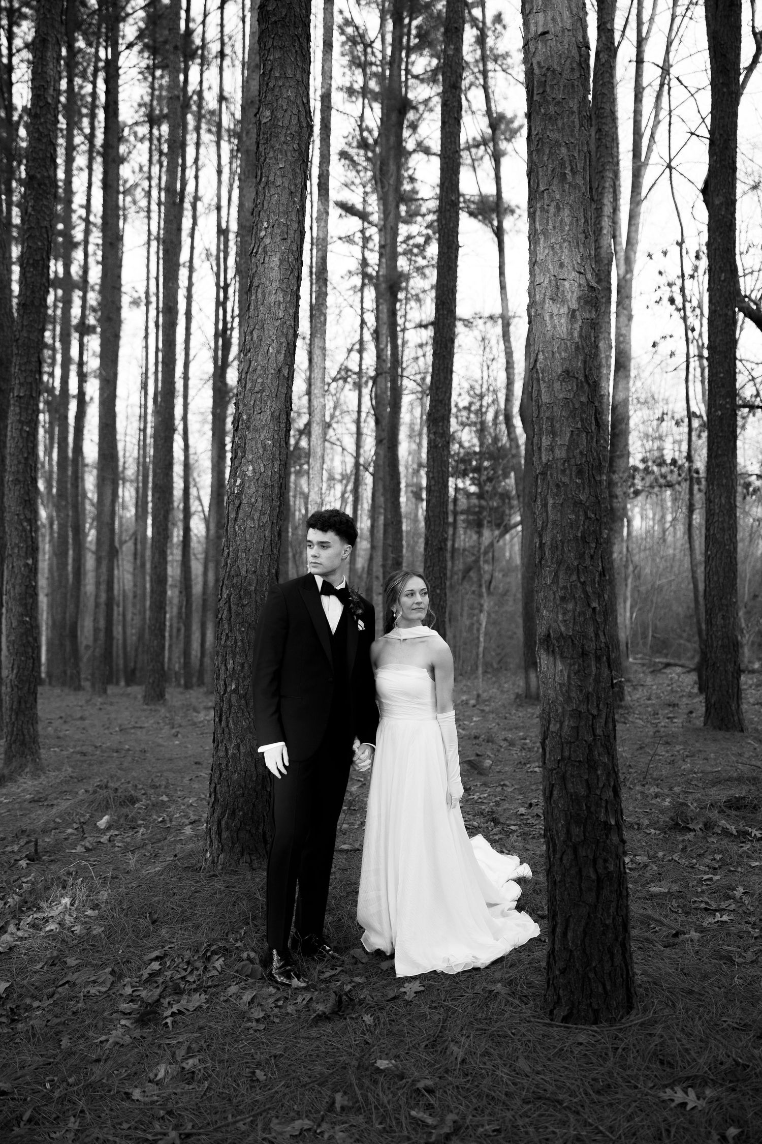 A bride and groom stand among tall pine trees in a dramatic black and white forest photo.