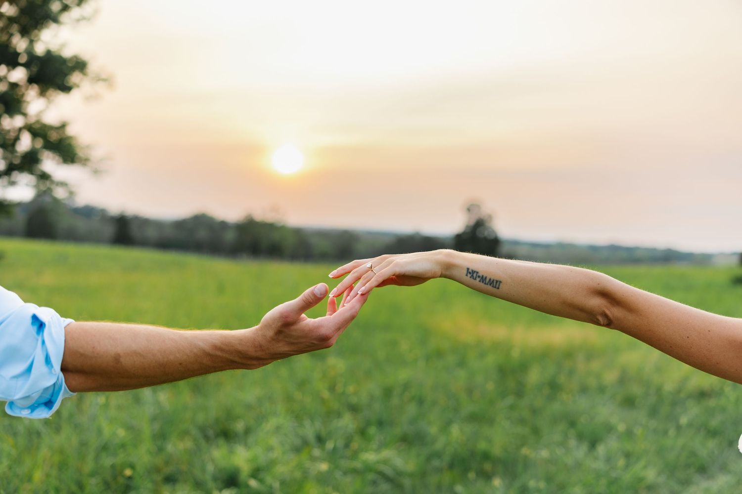 Two hands reaching toward each other at sunset over a green field, symbolizing love and connection.