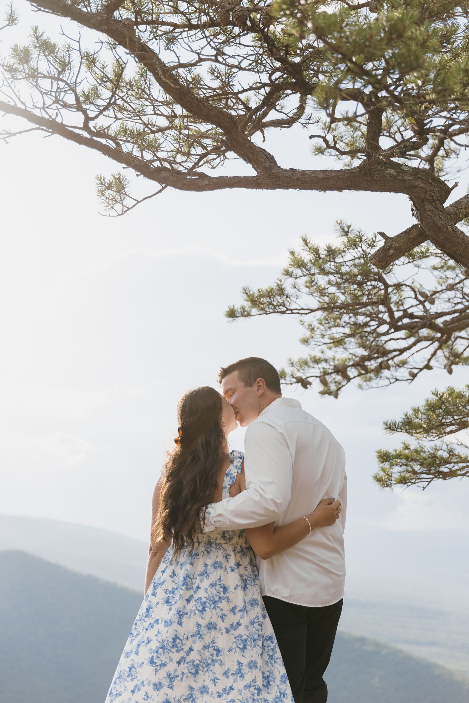 Romantic couple kissing under pine tree branches with mountain valley in background.