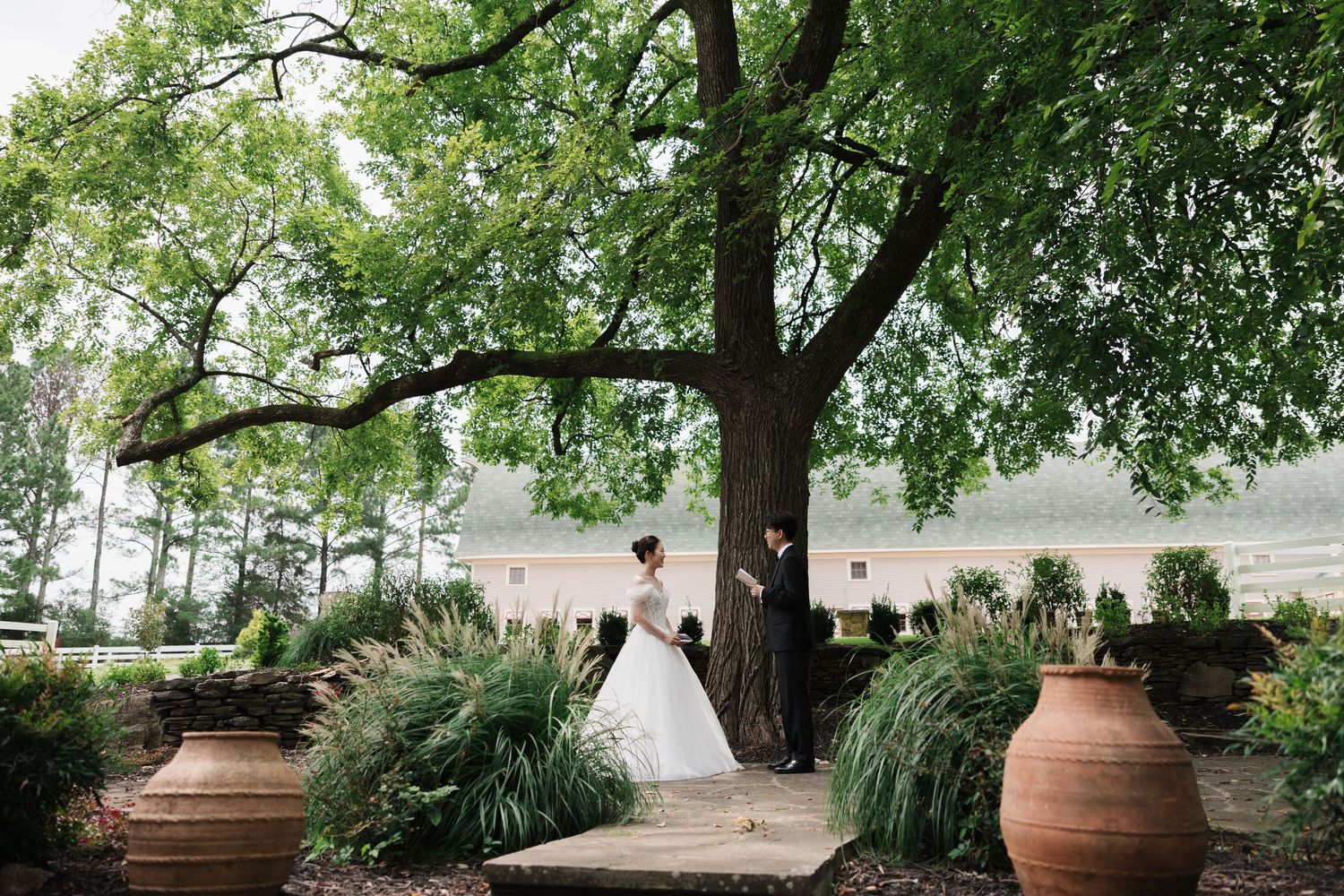 Bride and groom share a romantic moment under a large tree in a lush garden with terracotta pots.