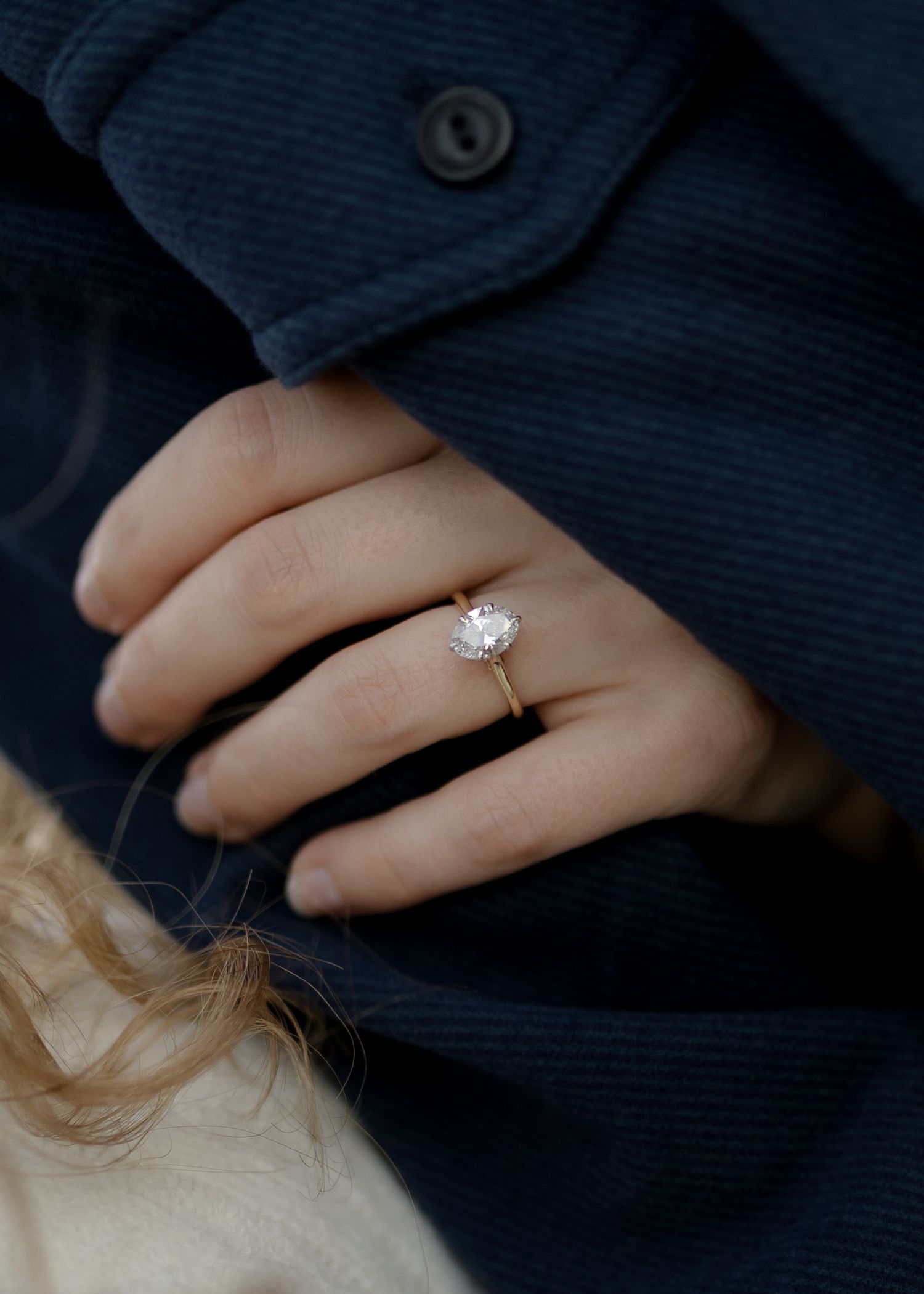 A close-up of a delicate diamond solitaire engagement ring on a woman's hand against a navy coat.