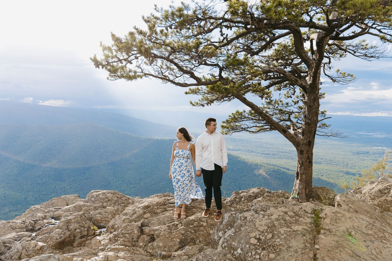 Couple standing on rocky mountain summit beside a pine tree with scenic valley views.