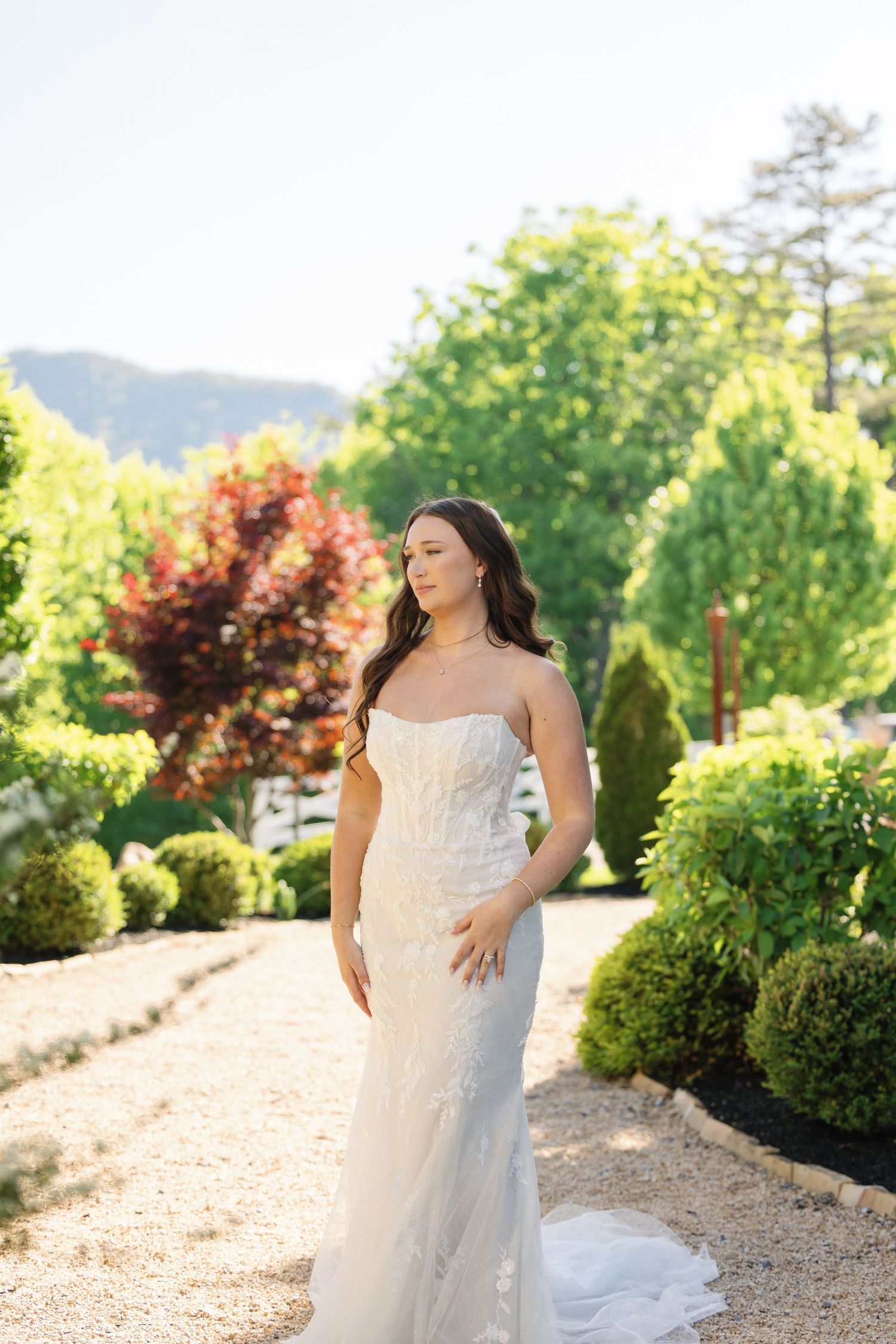 Elegant bride in a strapless lace wedding gown posing in a sunlit garden with mountain views behind her.