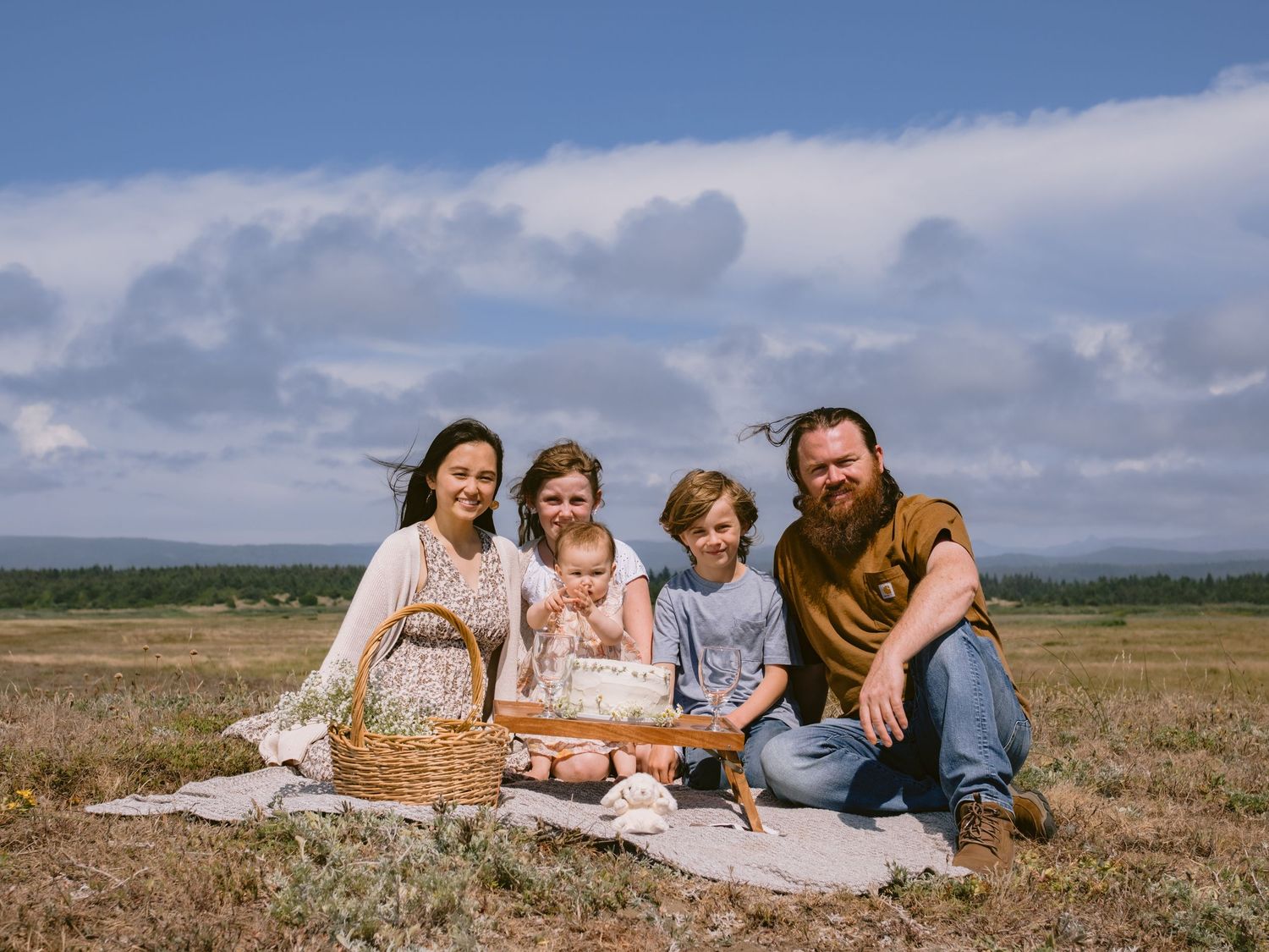 People enjoying a picnic on a grassy hillside overlooking scenic landscape.