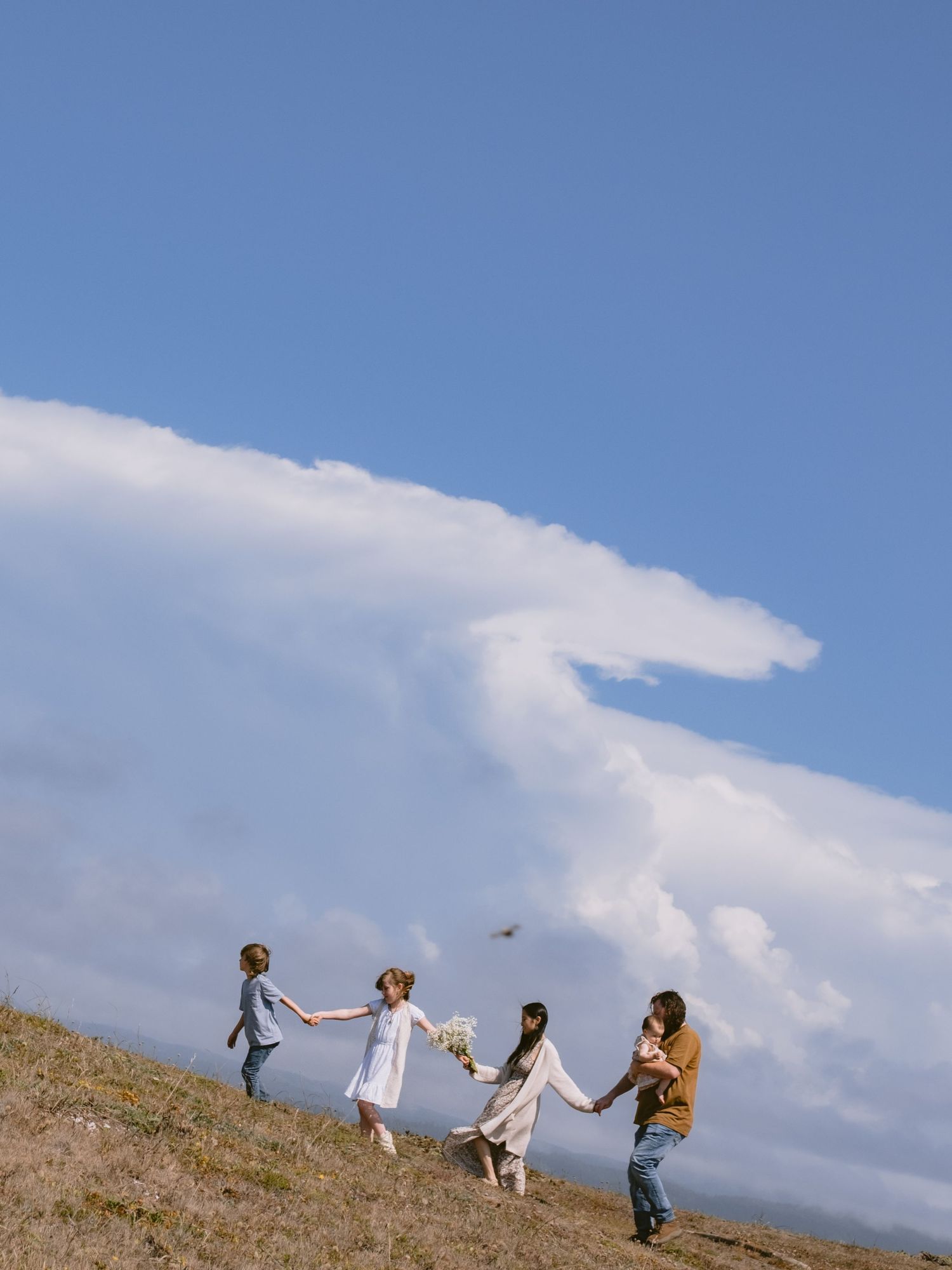 People hold hands while walking along a scenic hillside path under blue skies.