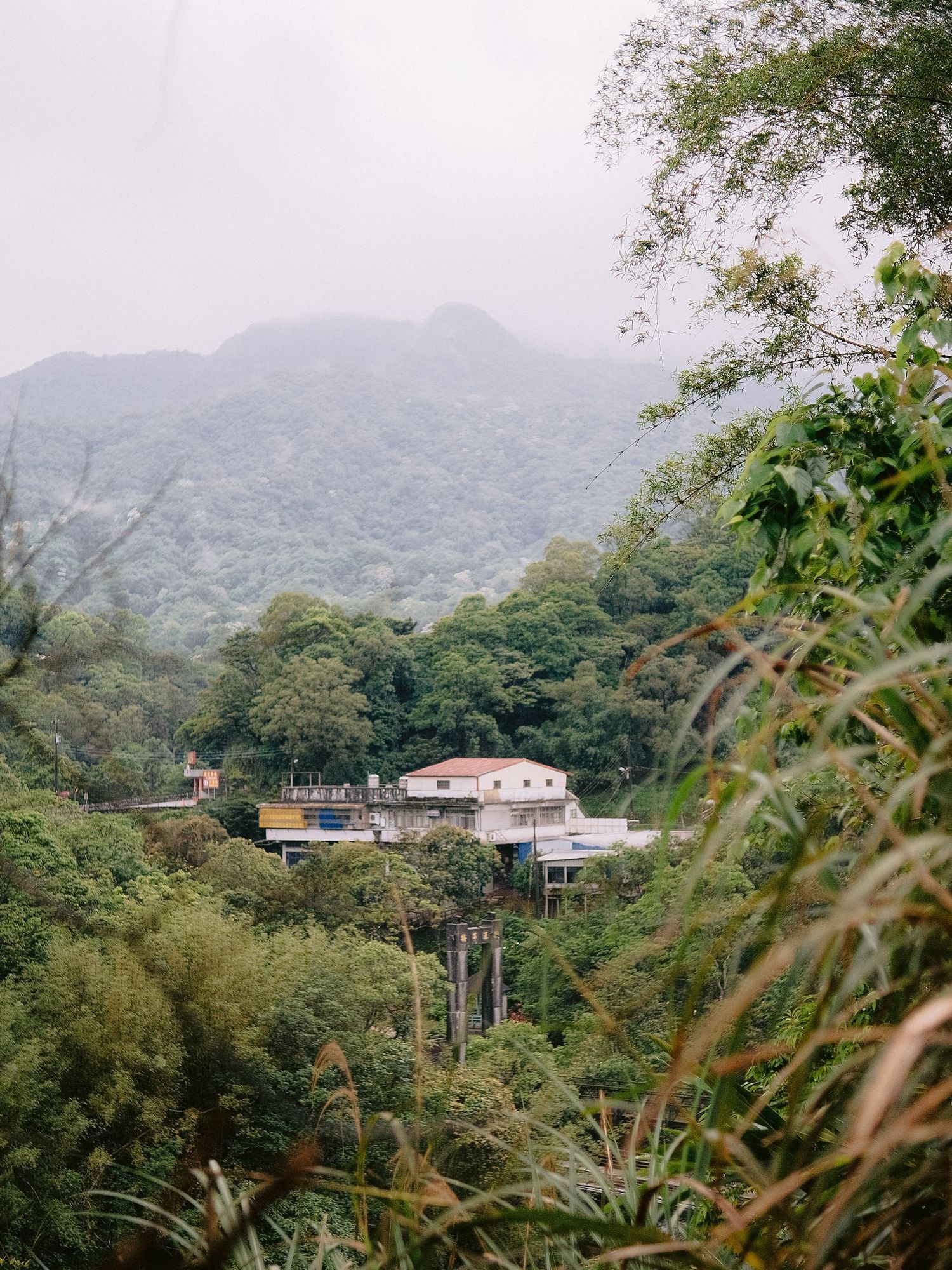 Panoramic view of houses scattered across lush green mountains in a tropical setting.