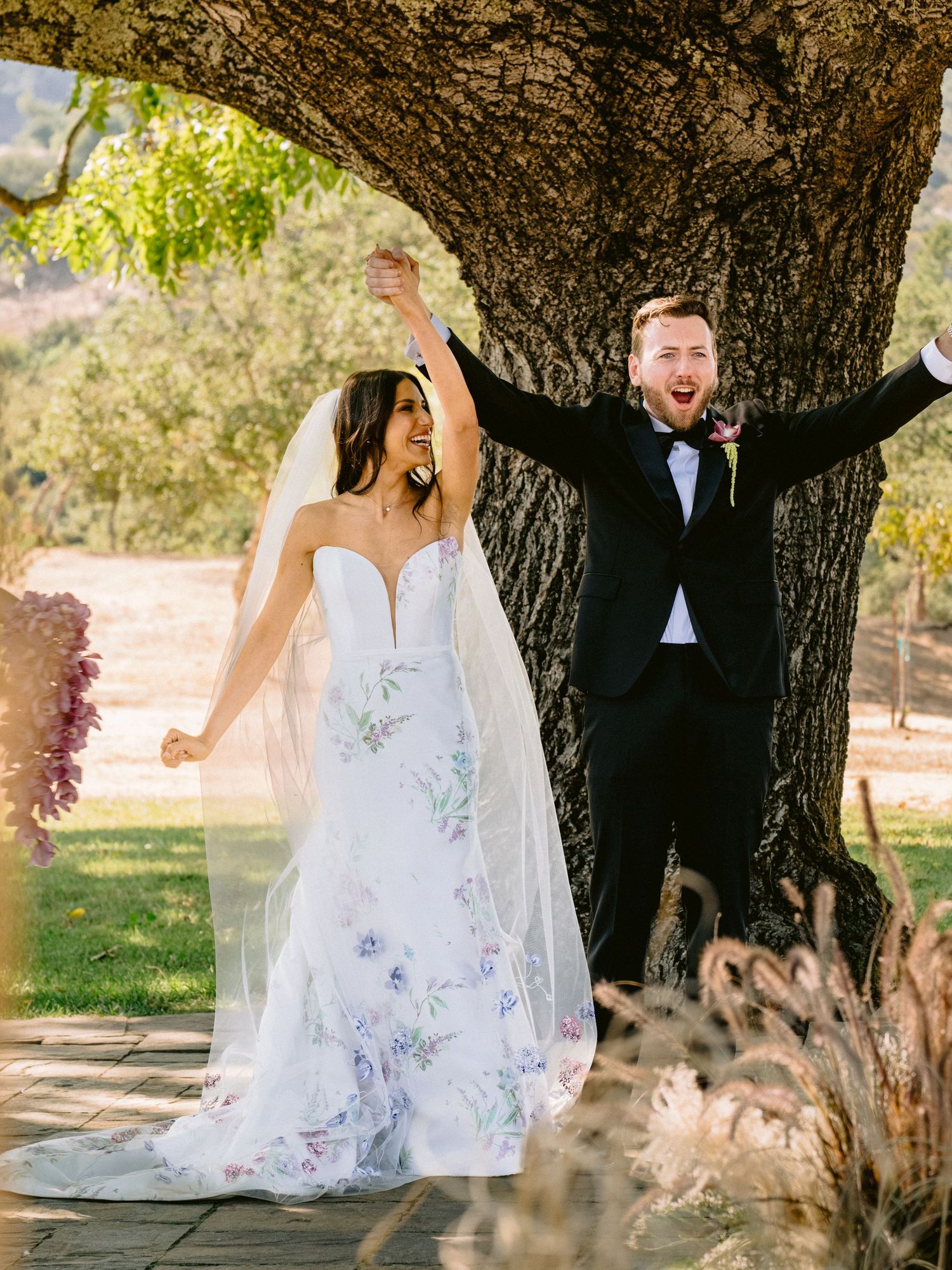 Candid wedding moments captured under a large tree with natural lighting.