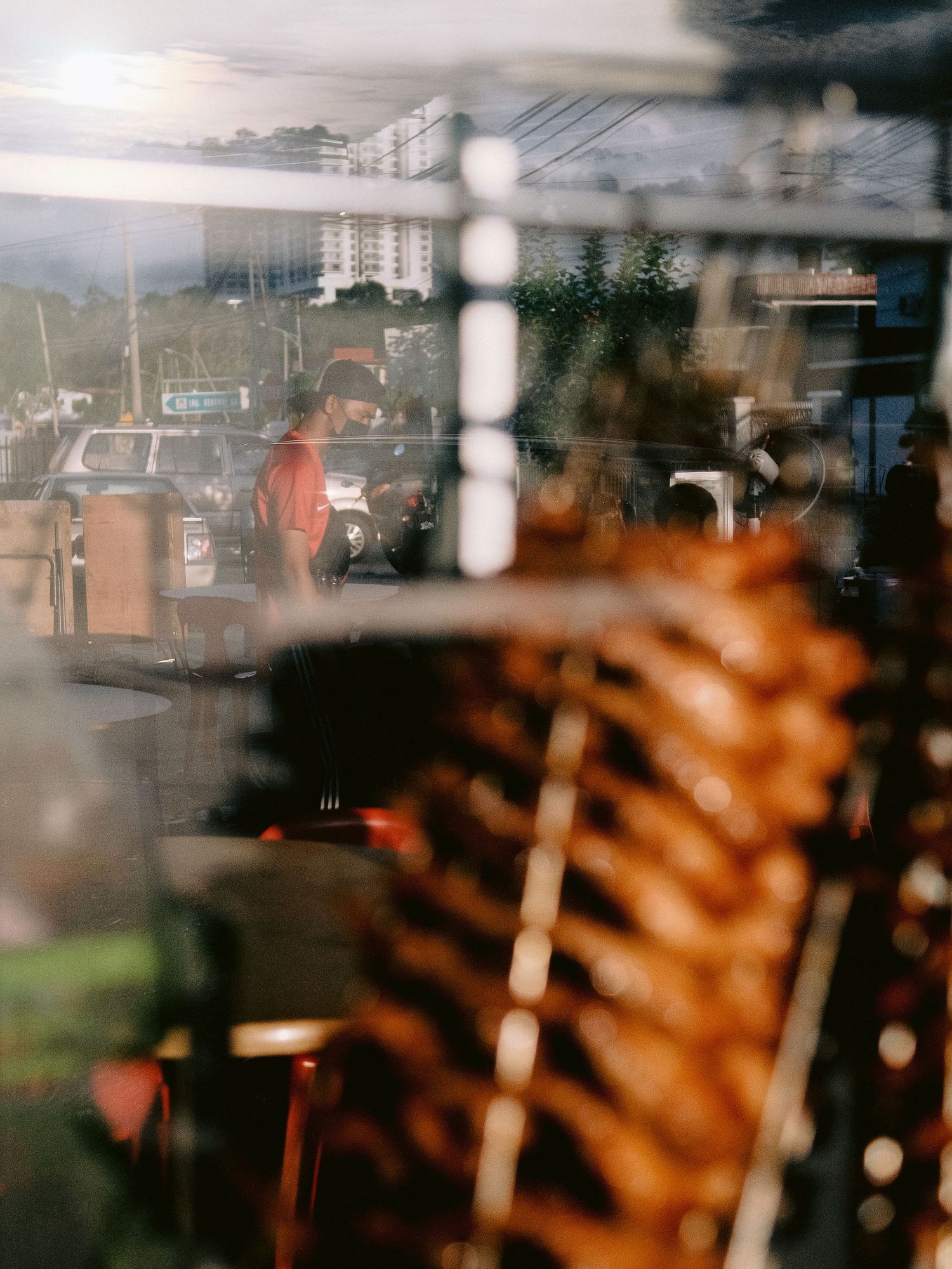 Blurred interior view through window with skeletal display in foreground.