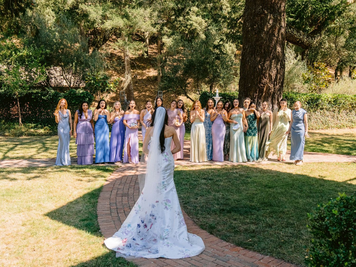 A wedding party in pastel blue dresses poses on a sunlit lawn with trees in the background.