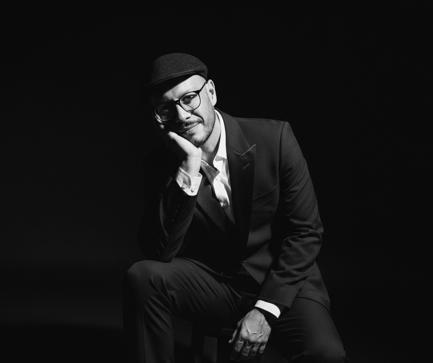Studio portrait of Javier Franco. Timeless elegance and creative spirit captured in black and white.