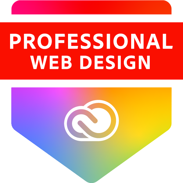 Professional web design logo badge with Creative Cloud icon in vibrant red and rainbow gradient colors.