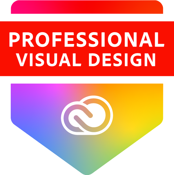 Professional Visual Design logo badge with Adobe Creative Cloud icon in colorful gradient design.