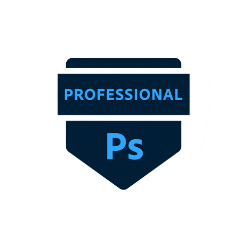 Professional Adobe Photoshop badge icon with blue text and dark shield shape on white circular background.