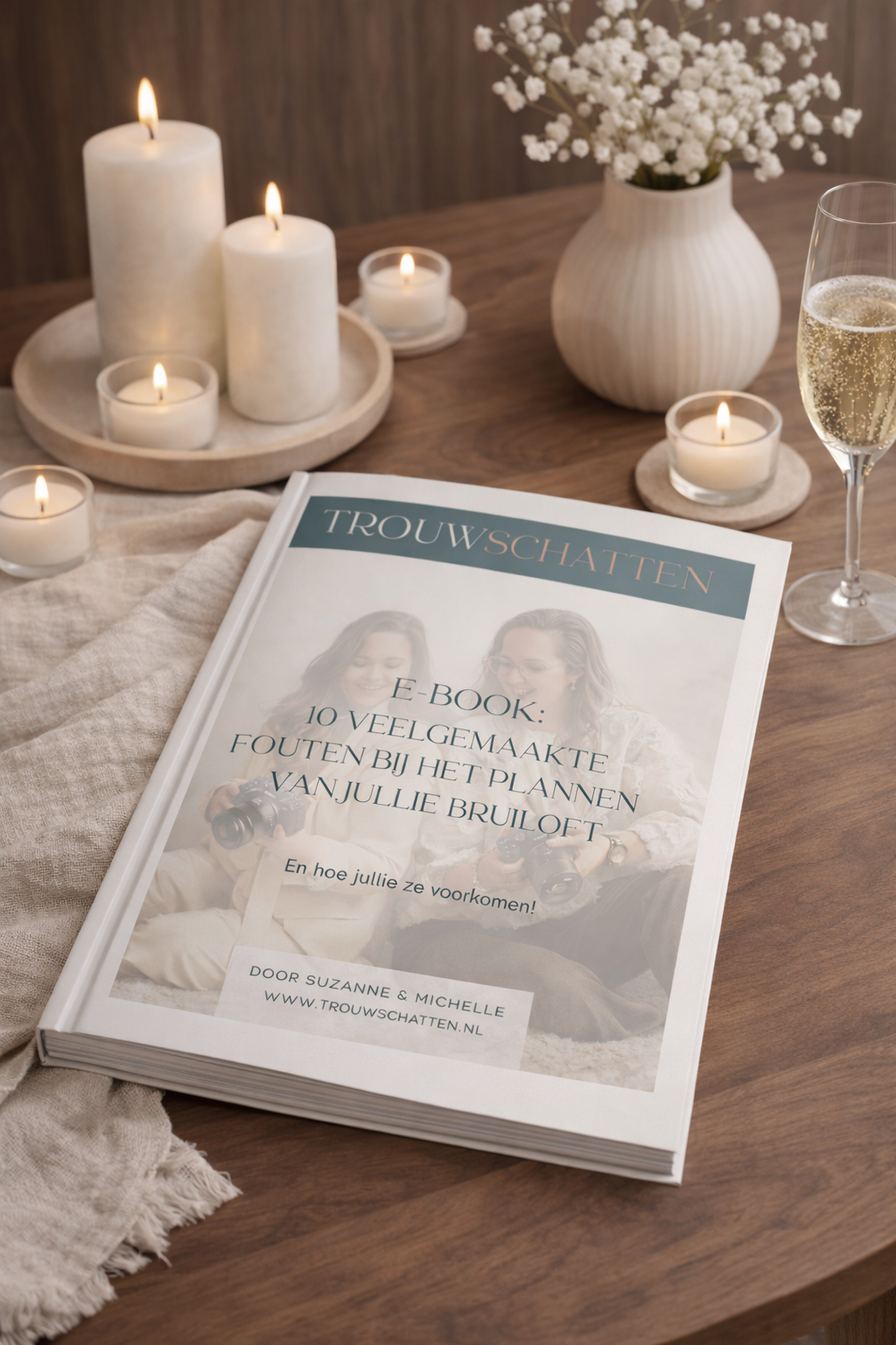 White candles and books arranged on a wooden table with linen tablecloth and champagne glasses create an elegant setting.