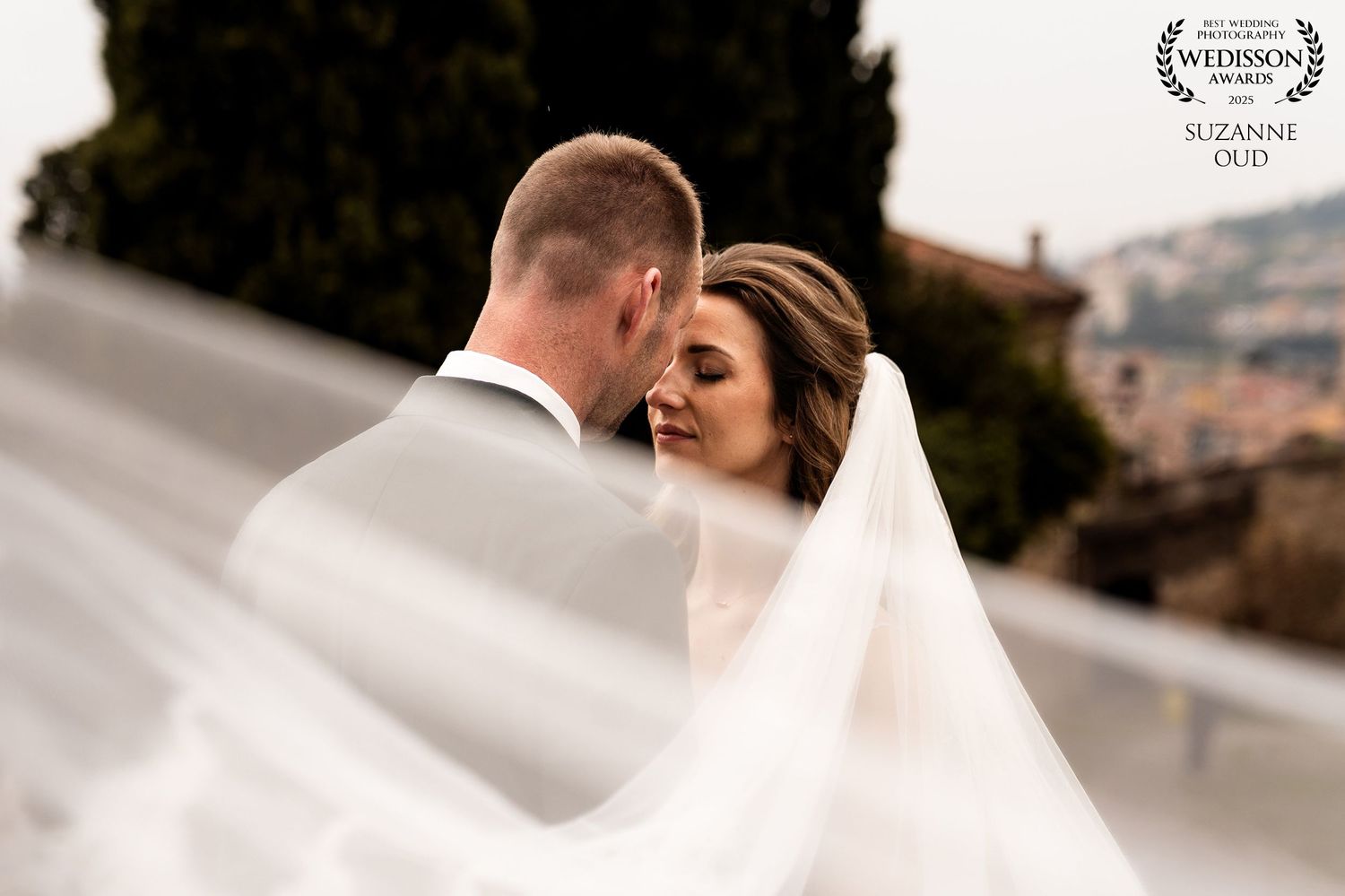 A romantic wedding moment captured with flowing veil against a blurred scenic backdrop.