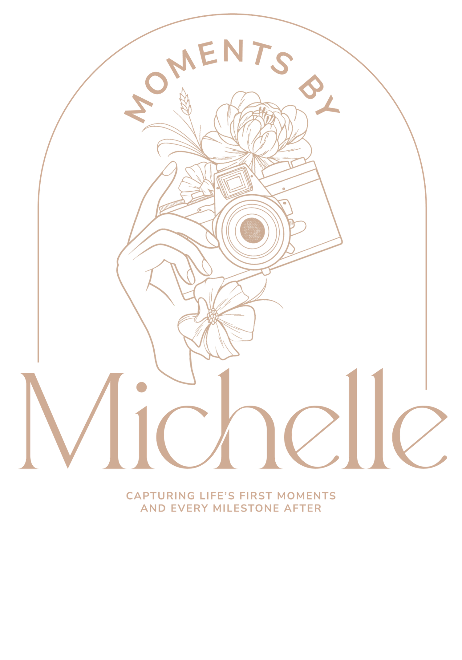 Elegant rose gold photography logo design featuring floral elements and circular text layout for capturing life's moments.