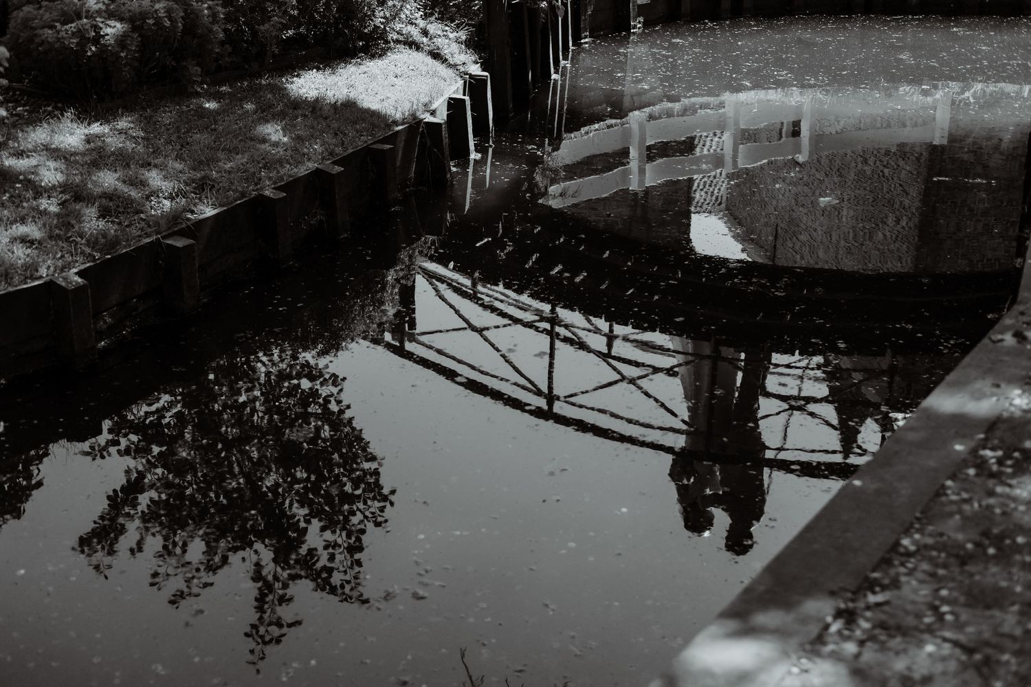 Black and white reflection of a bridge and trees in a still puddle on a rainy day.