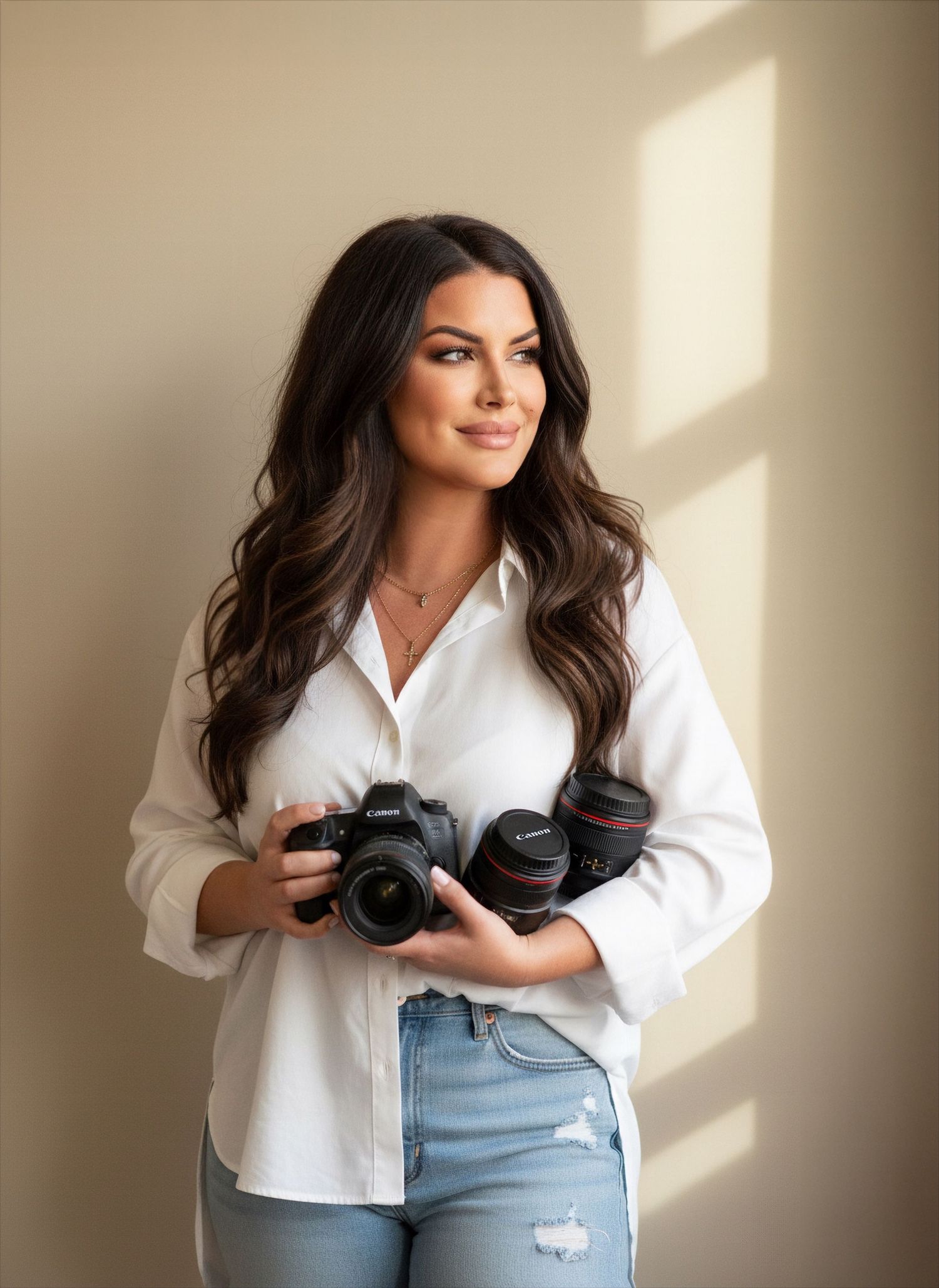 A smiling woman with long dark hair holds Canon cameras and lenses, wearing a white shirt and jeans in a studio.