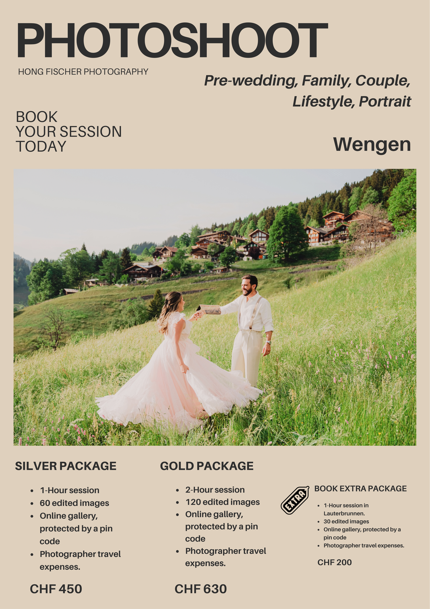 Couple in wedding attire dancing on a green hillside in Wengen, Switzerland, promoting Hong Fischer Photography photoshoot packages.