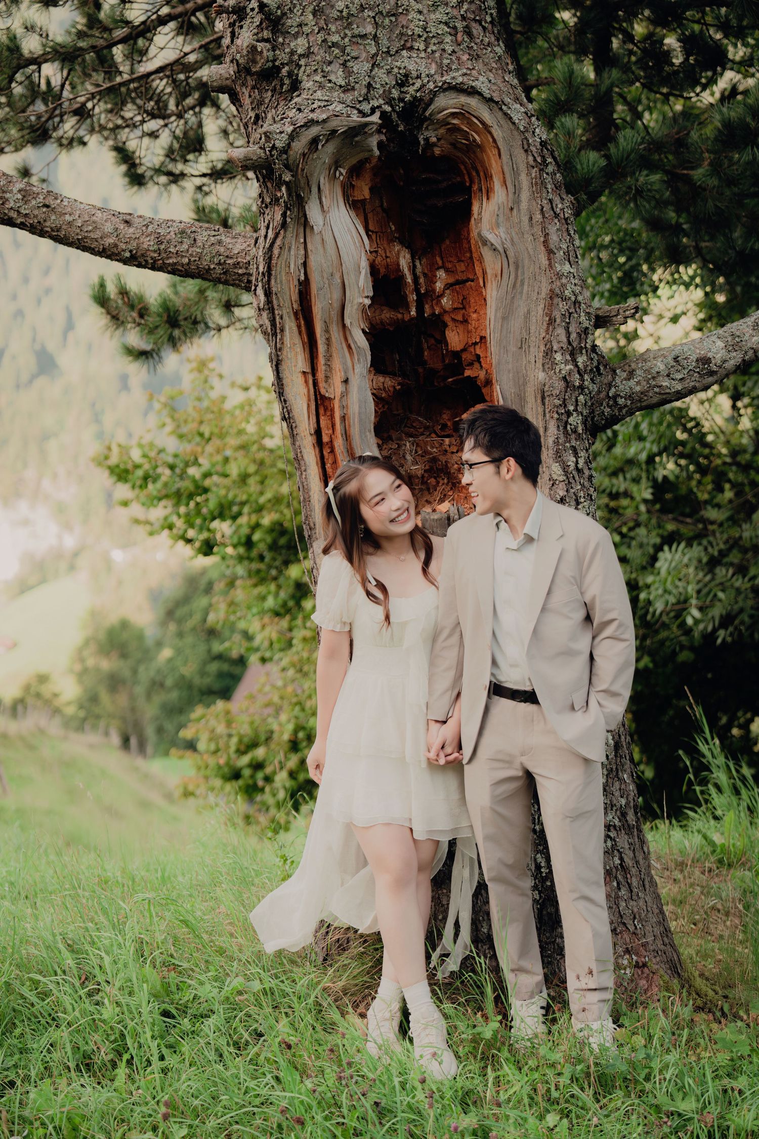 Romantic couple leaning against a hollow tree on a green alpine meadow, holding hands and smiling.