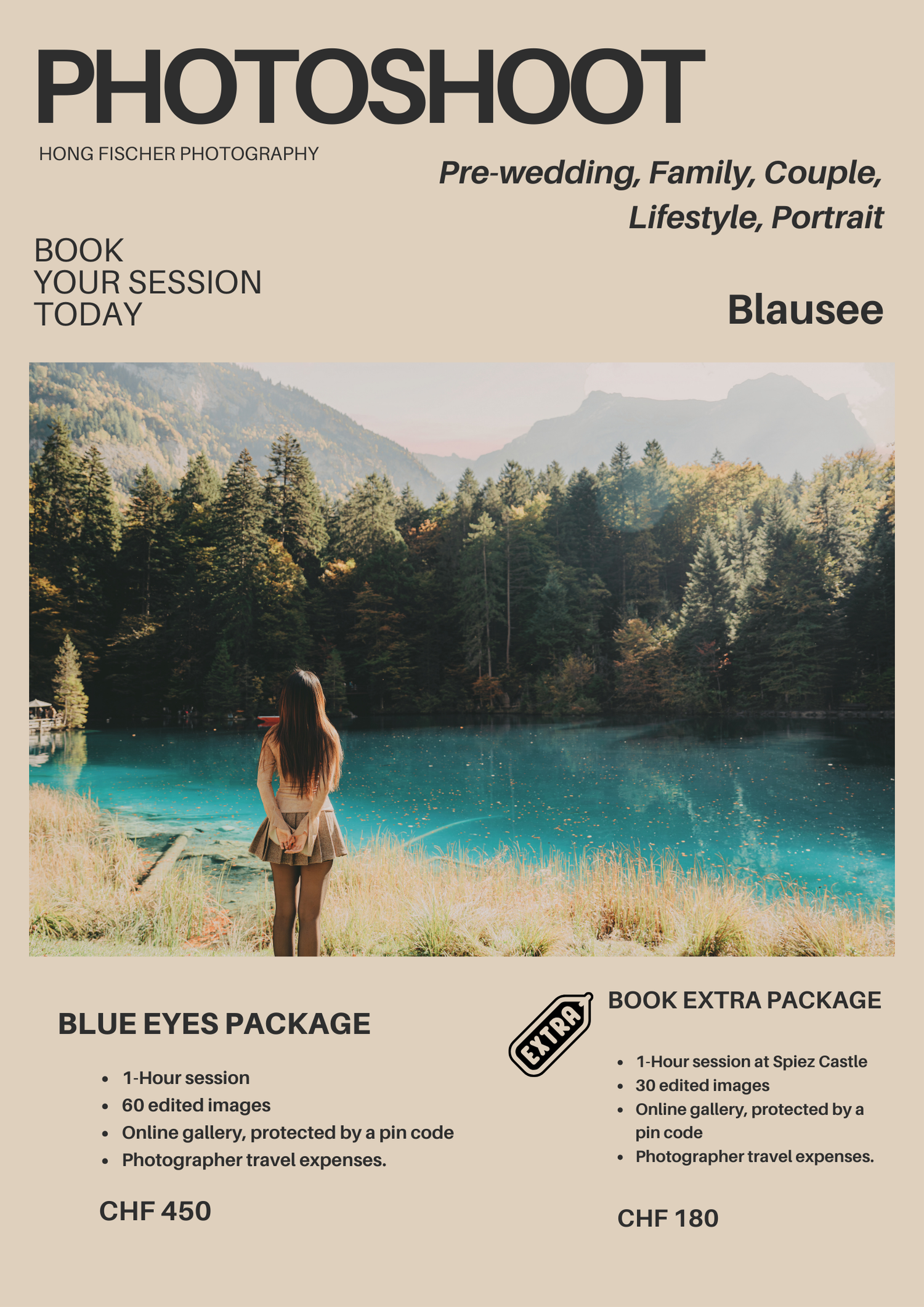 Hong Fischer Photography Blausee photoshoot flyer featuring woman by turquoise mountain lake, Blue Eyes Package CHF450.