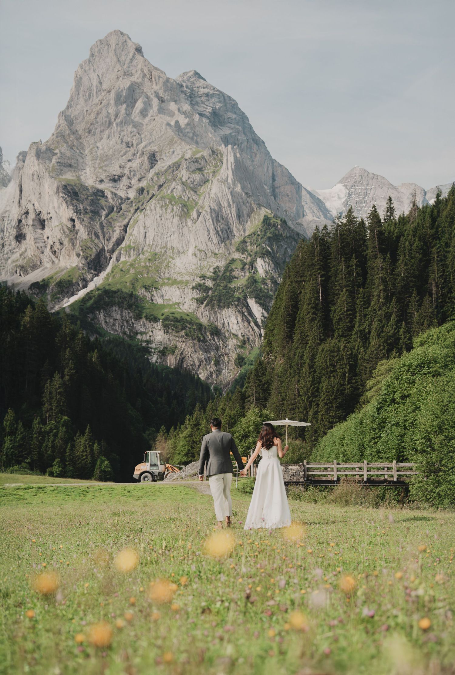 Couple in wedding attire holding hands in an alpine meadow with dramatic rocky mountain peaks and forest backdrop.