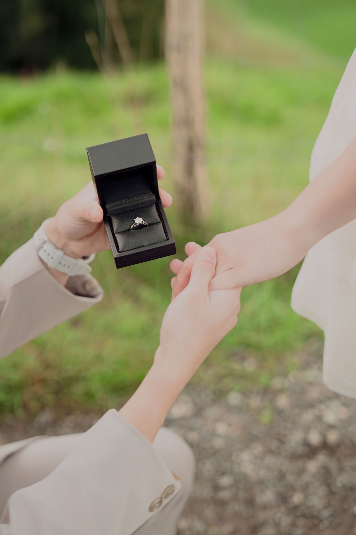 Man on one knee presenting a diamond ring in a black box to his partner outdoors on green grass.