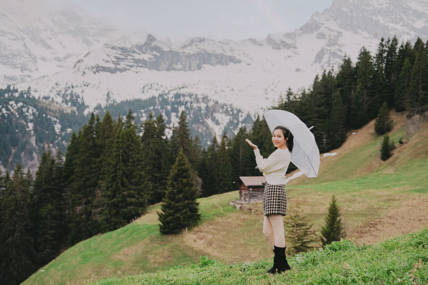 Woman with transparent umbrella poses on green alpine meadow with snow-capped mountains and pine trees.