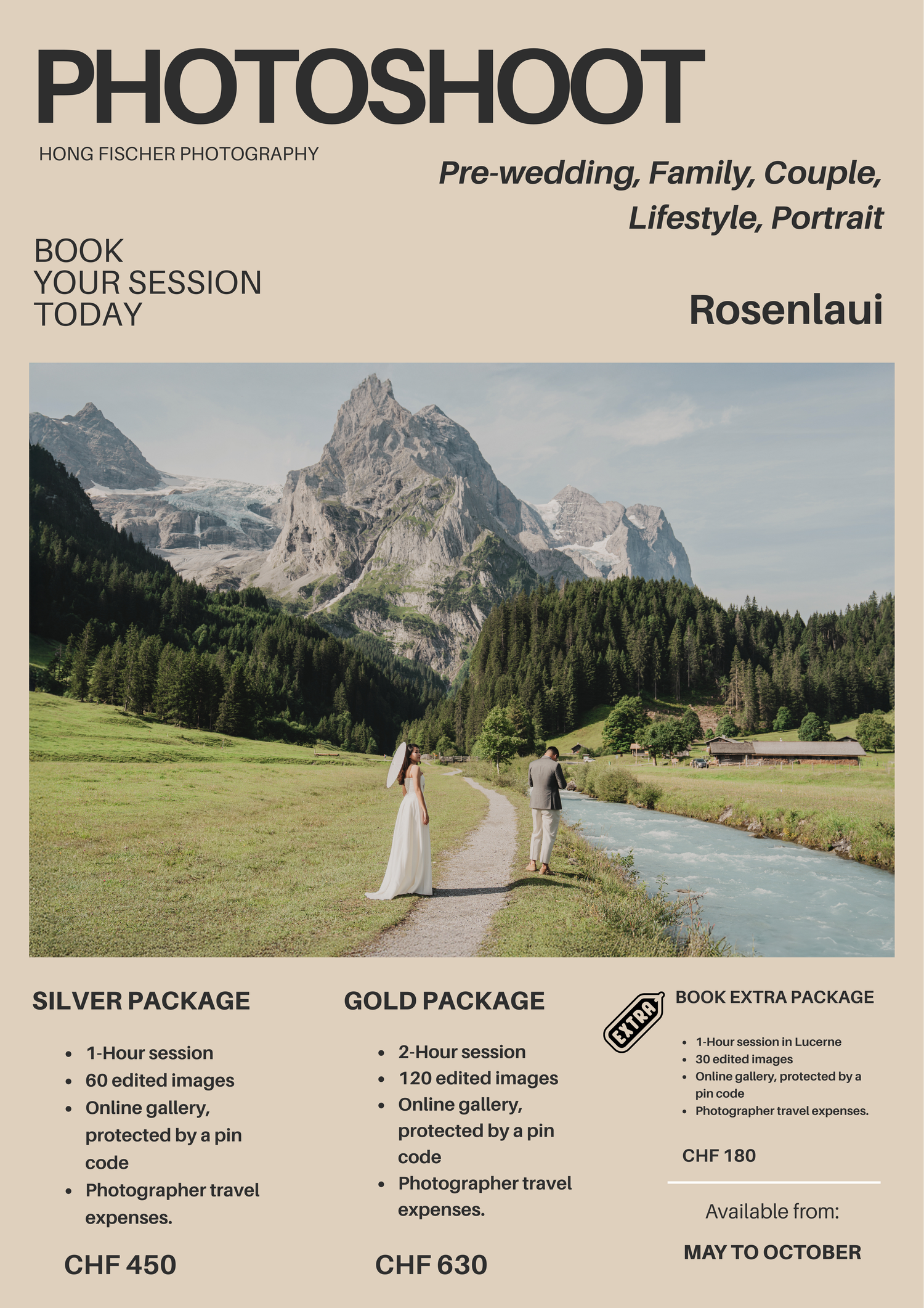 Hong Fischer Photography photoshoot package flyer for Rosenlaui featuring couple walking in alpine meadow.