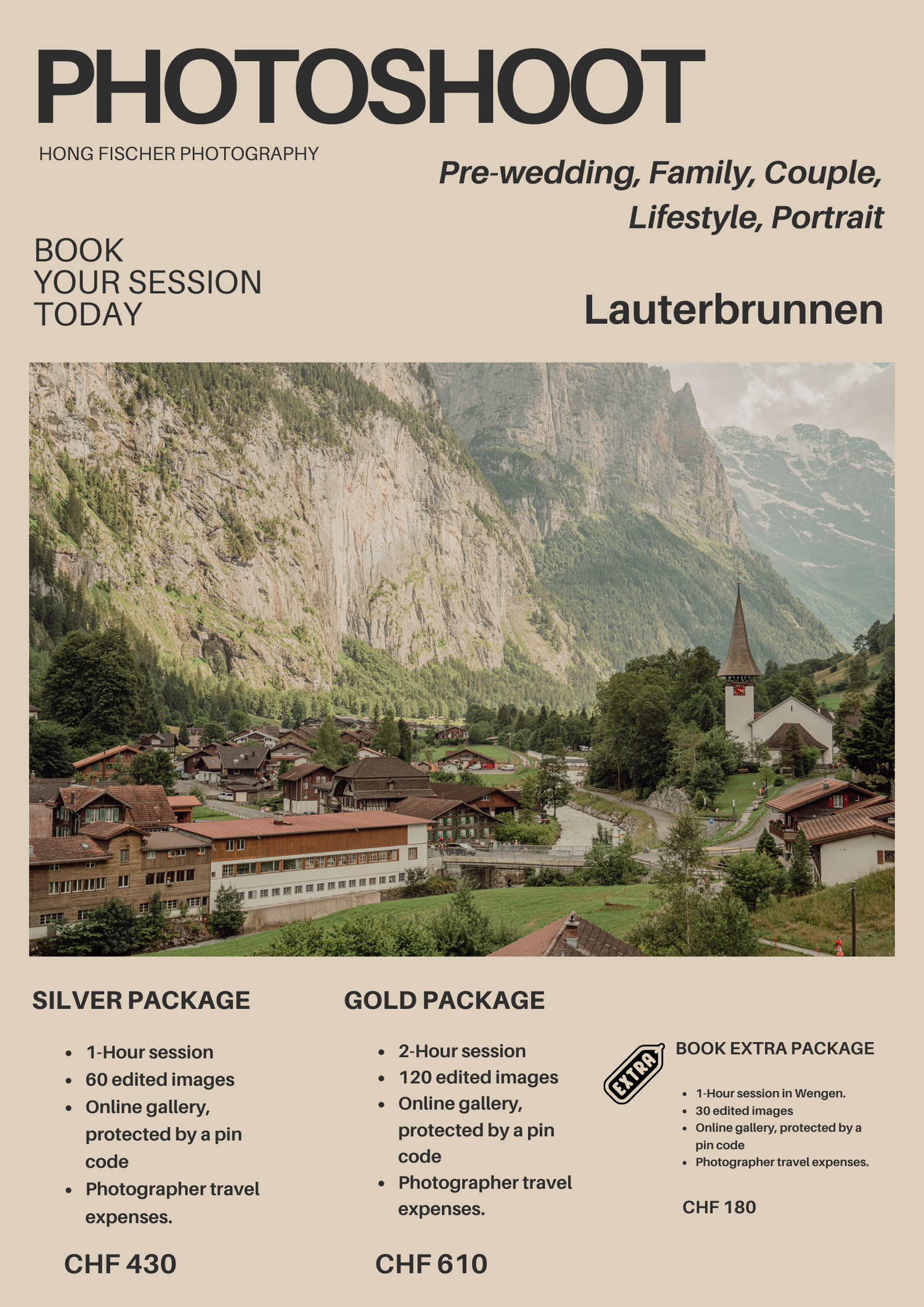 Hong Fischer Photography Lauterbrunnen photoshoot flyer featuring scenic valley village, offering Silver CHF430 and Gold CHF610 packages.