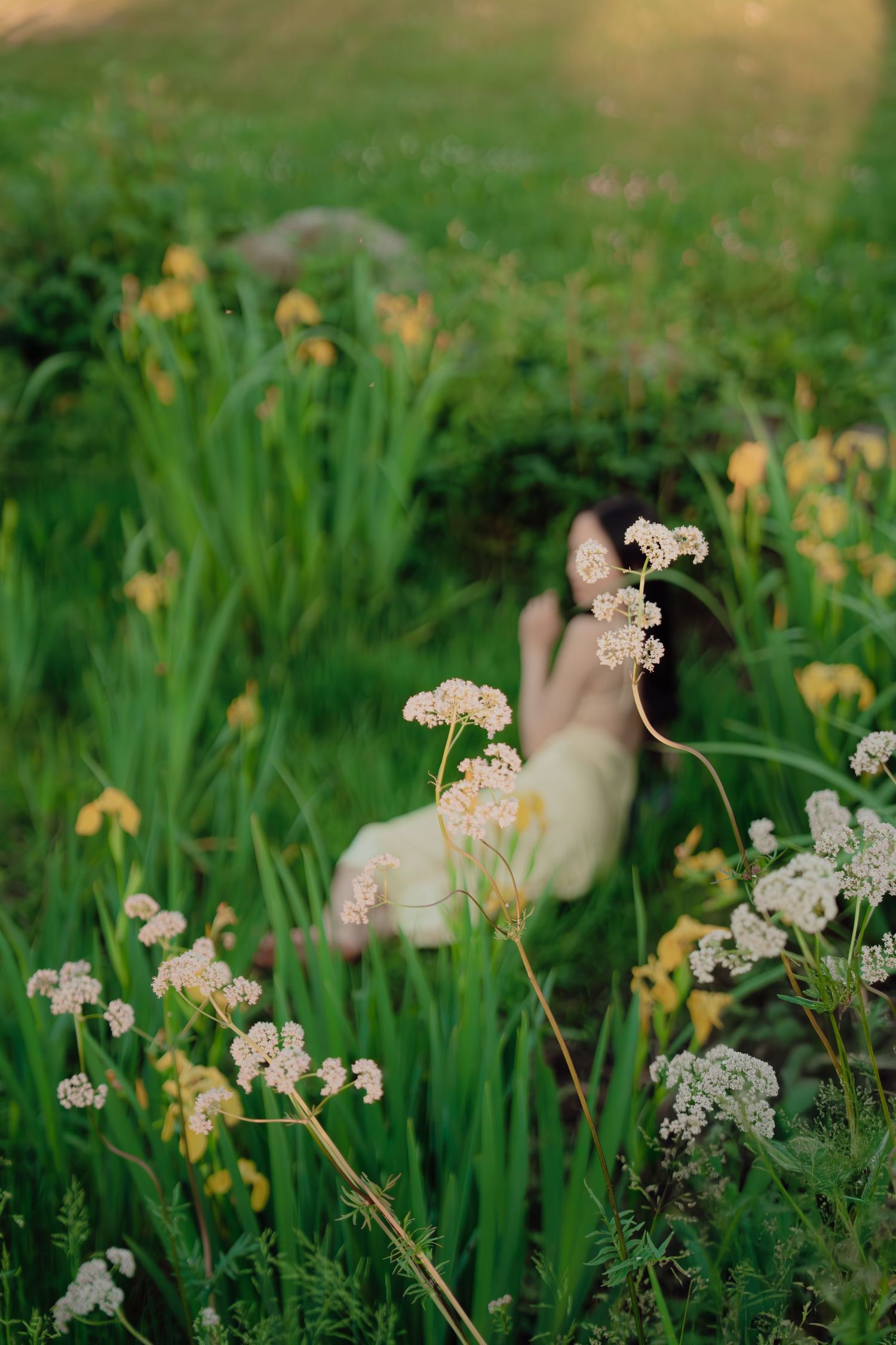Woman in yellow dress resting among wildflowers and tall green grass in soft evening light.