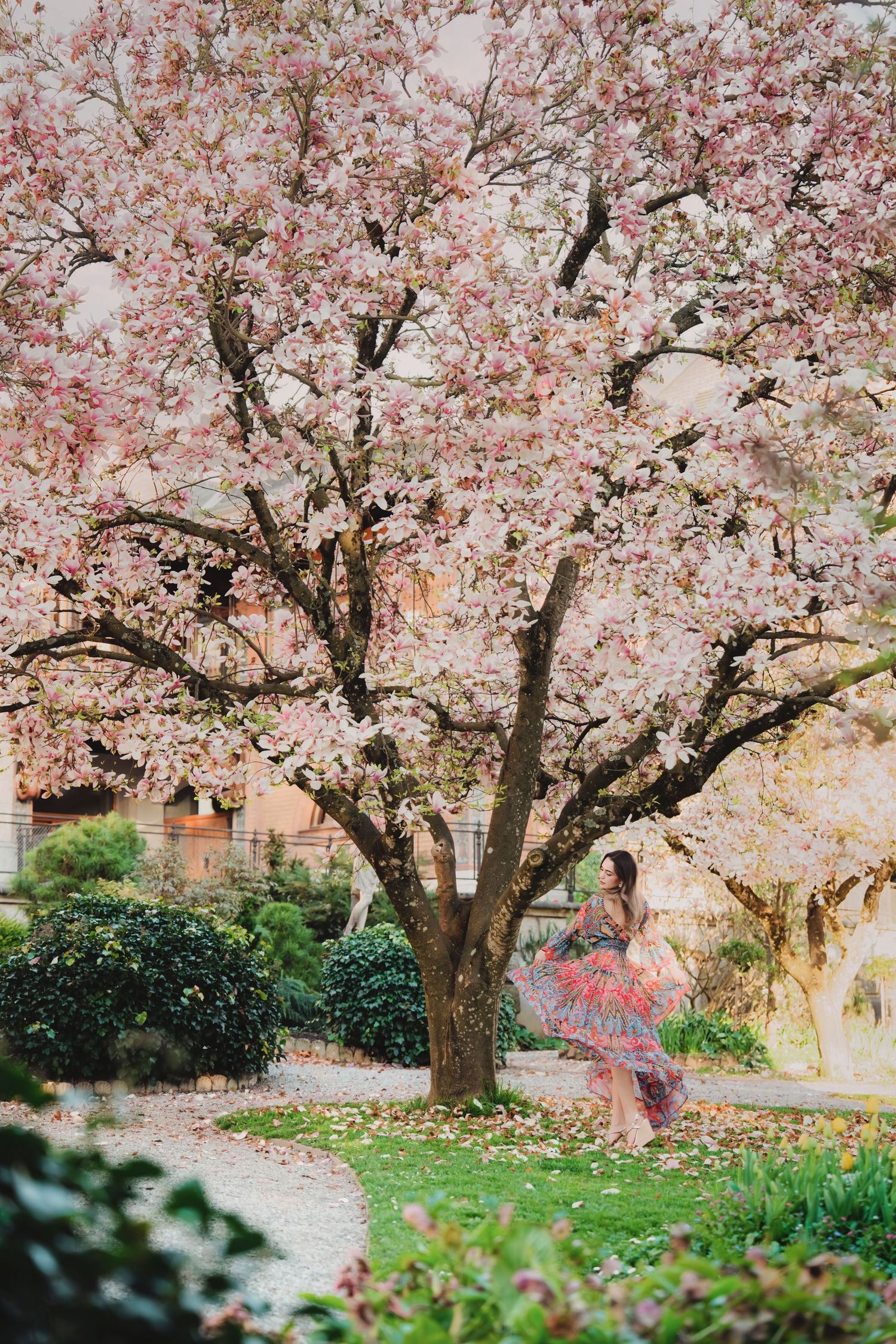 Woman in colorful dress standing under blooming cherry blossom tree.